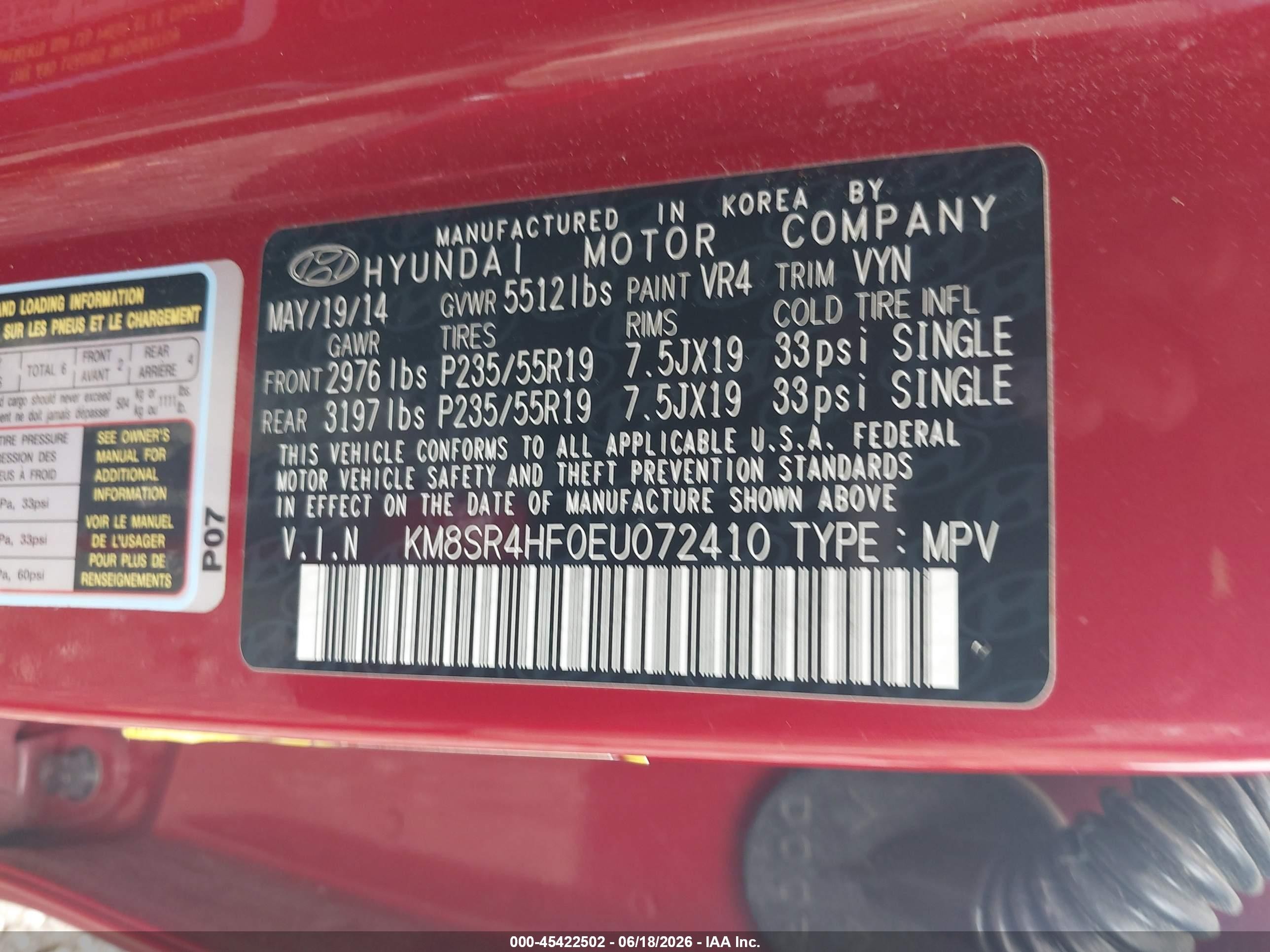 2014 Hyundai Santa Fe Limited Red vin: KM8SR4HF0EU072410