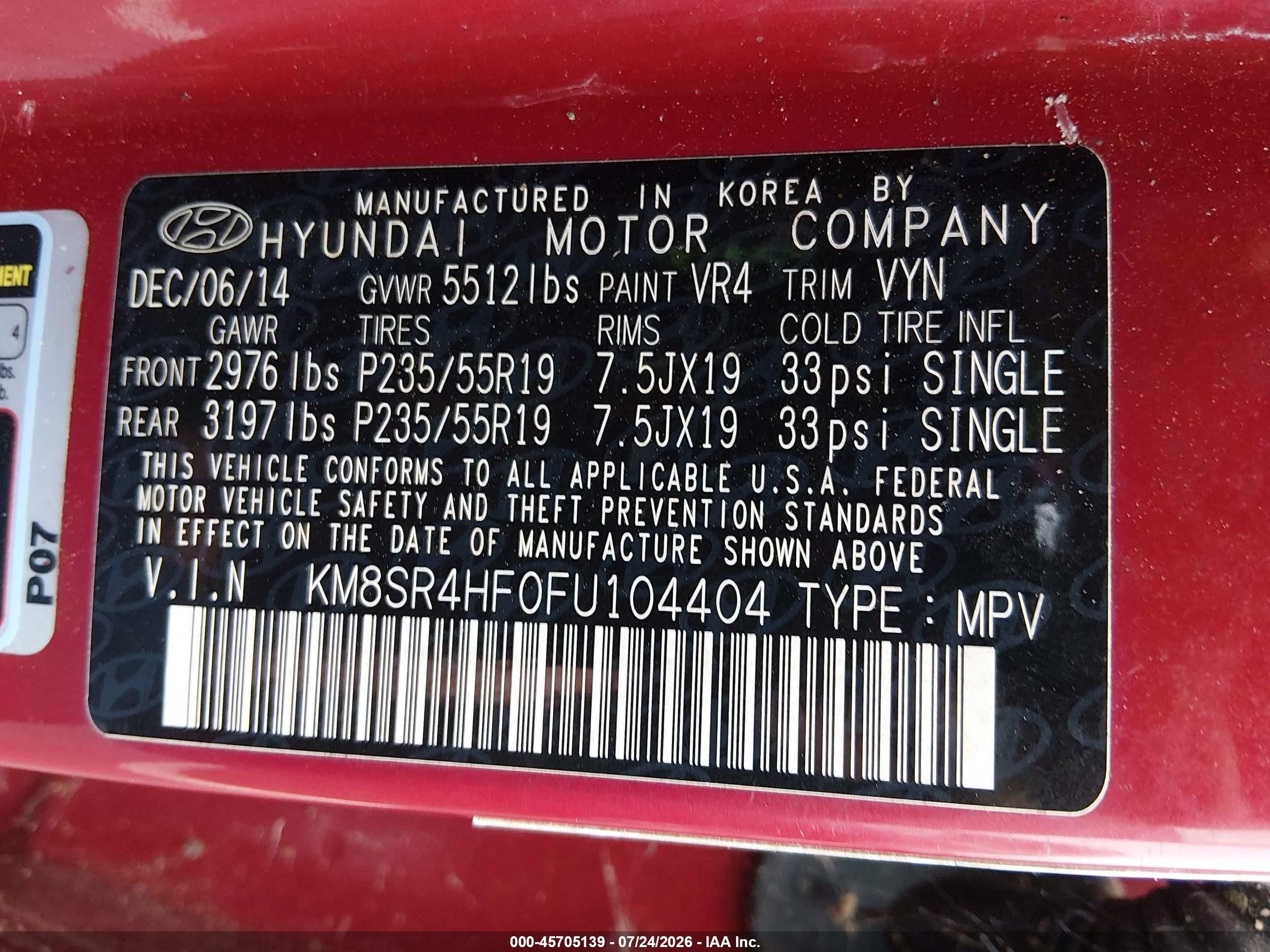 2015 Hyundai Santa Fe Limited Red vin: KM8SR4HF0FU104404