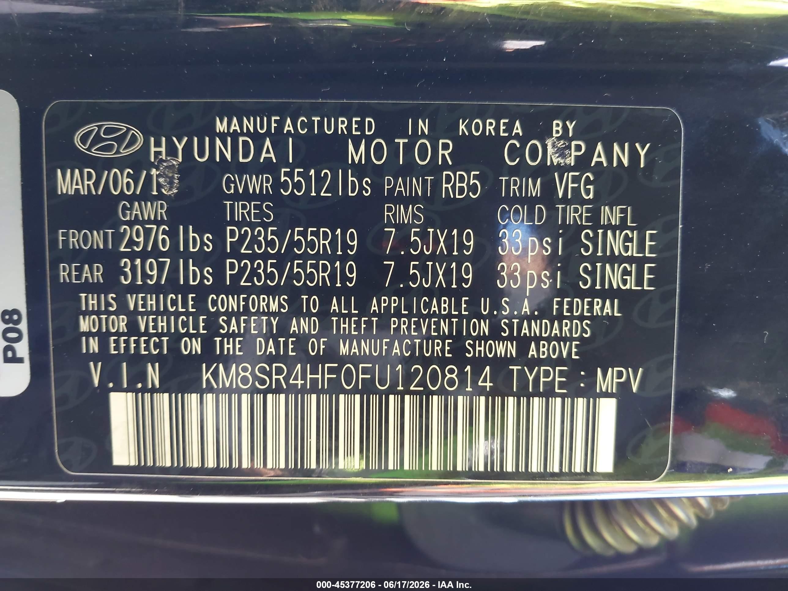 2015 Hyundai Santa Fe Gls Black vin: KM8SR4HF0FU120814