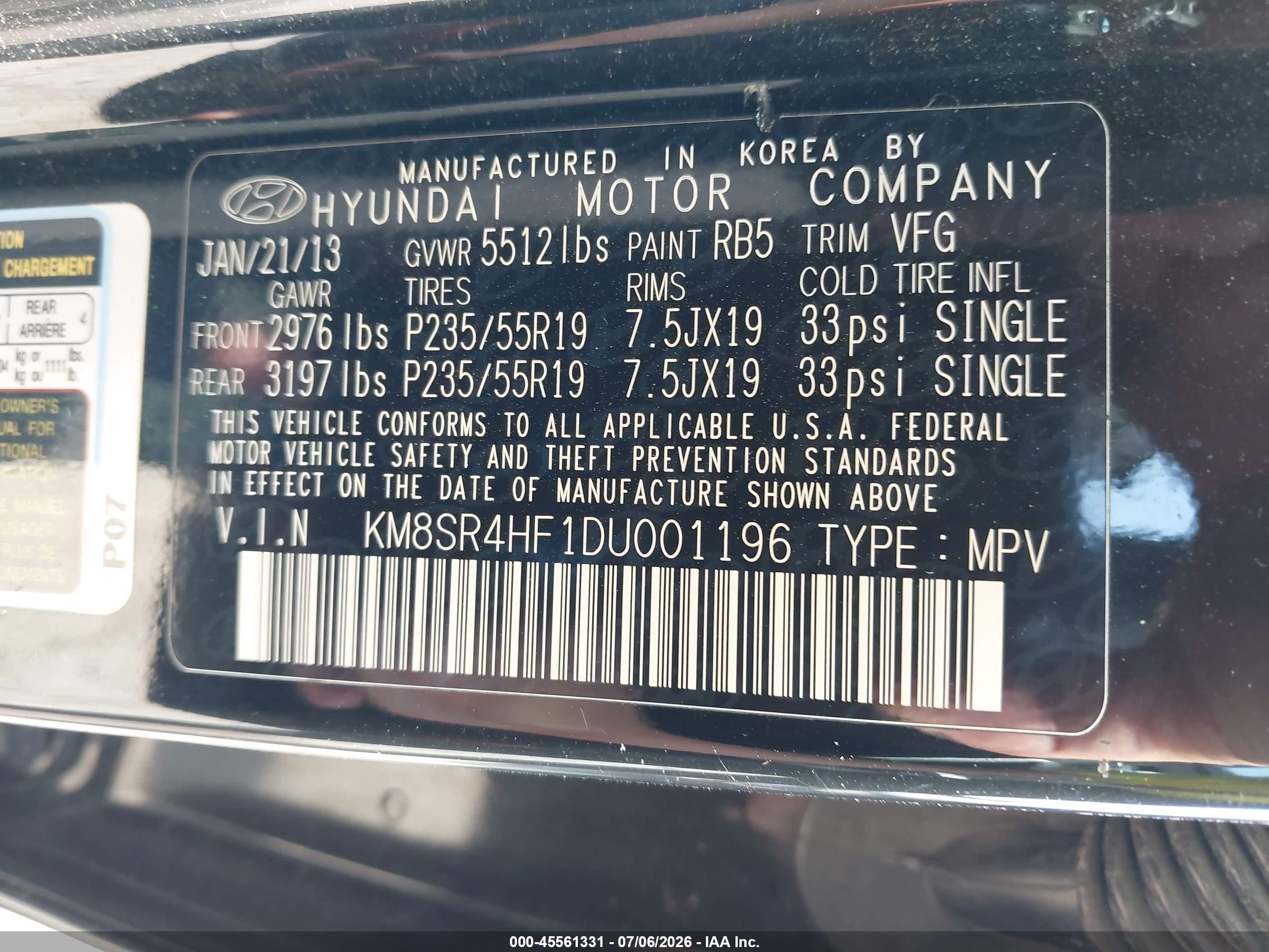 2013 Hyundai Santa Fe Limited Black vin: KM8SR4HF1DU001196
