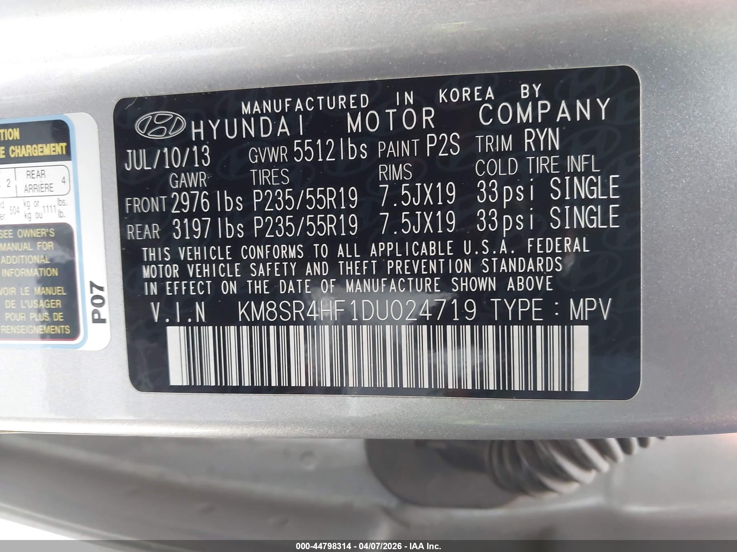 2013 Hyundai Santa Fe Limited Silver vin: KM8SR4HF1DU024719