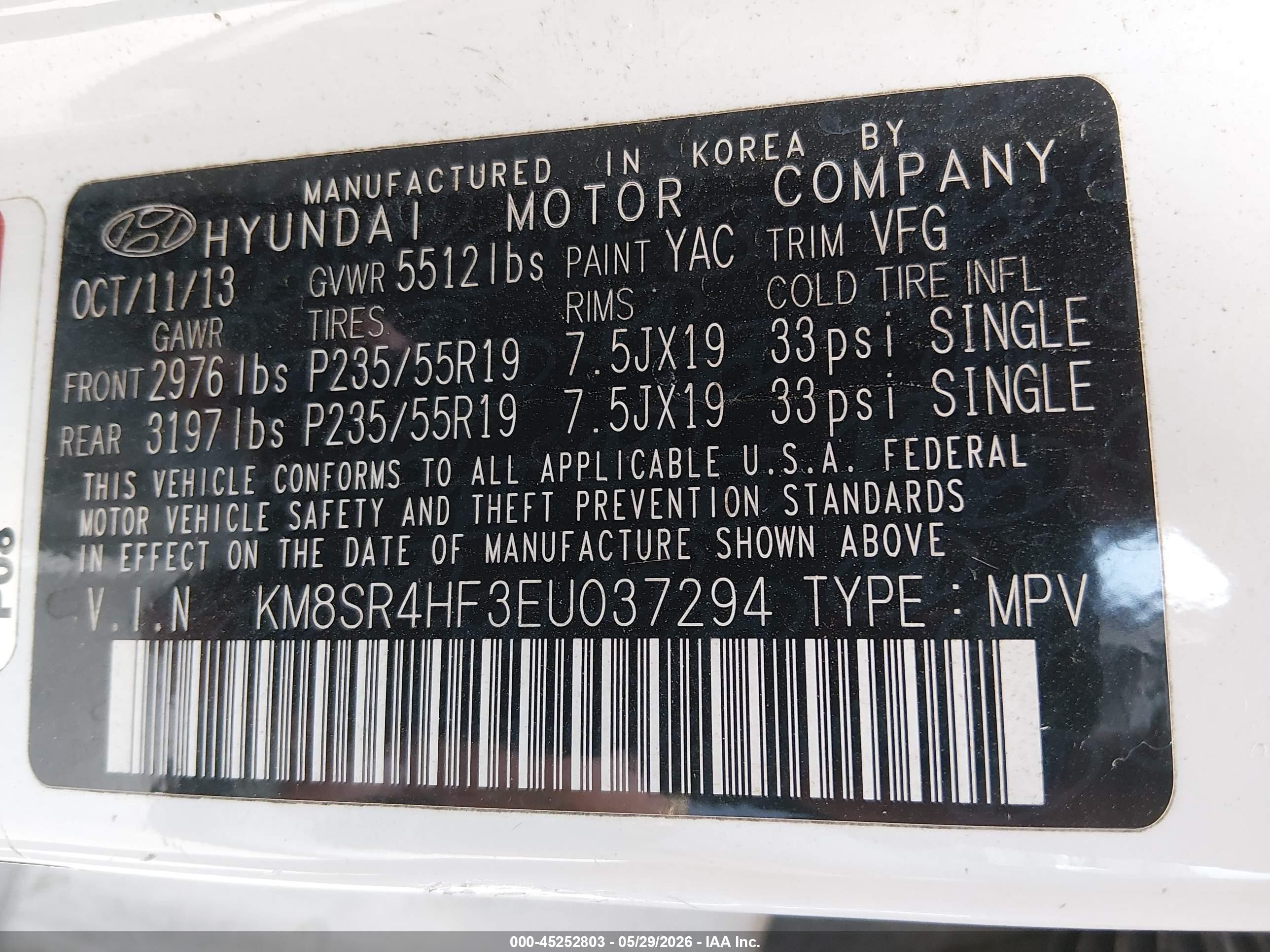 2014 Hyundai Santa Fe Gls White vin: KM8SR4HF3EU037294