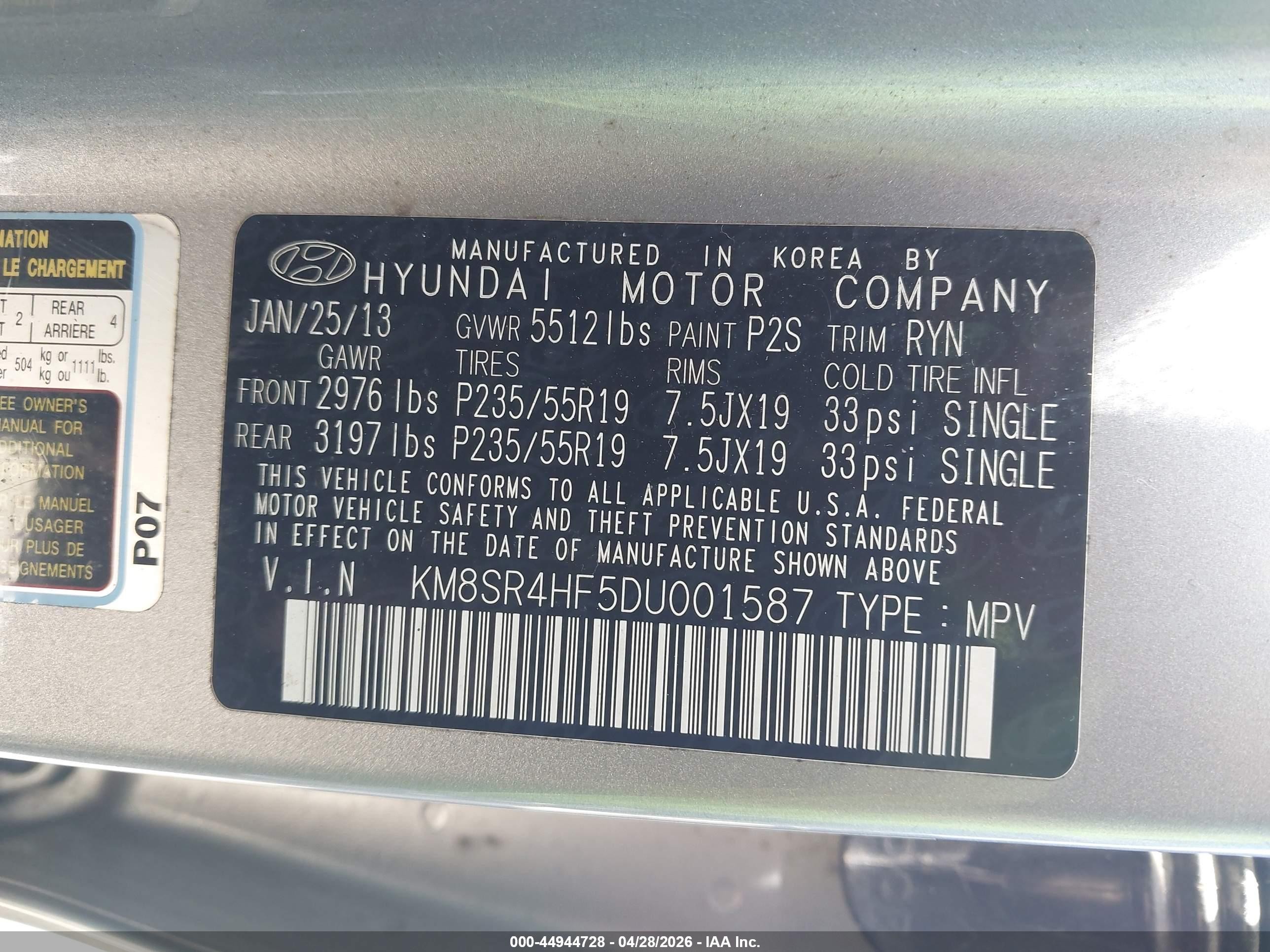 2013 Hyundai Santa Fe Limited Silver vin: KM8SR4HF5DU001587