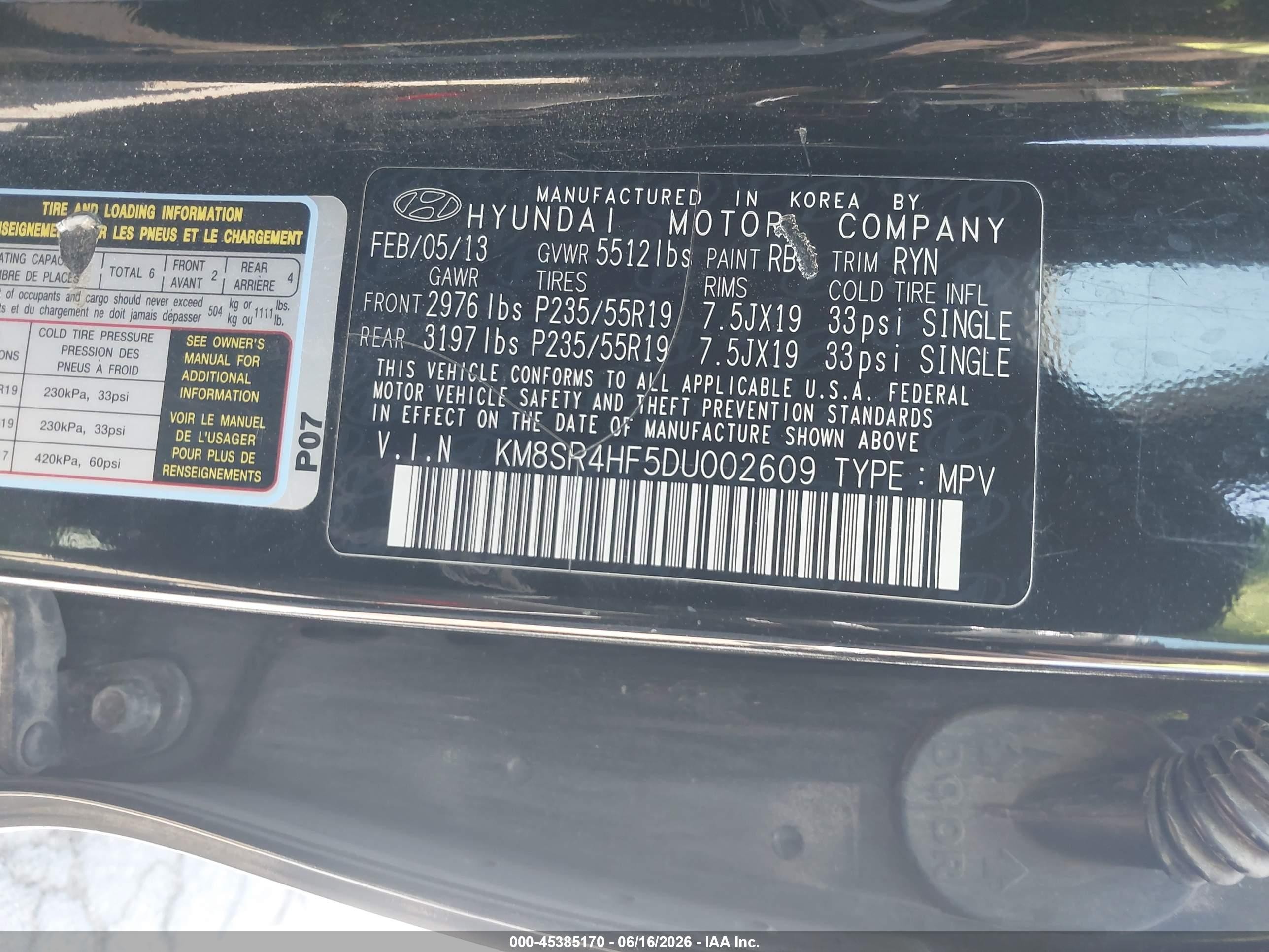 2013 Hyundai Santa Fe Limited Black vin: KM8SR4HF5DU002609