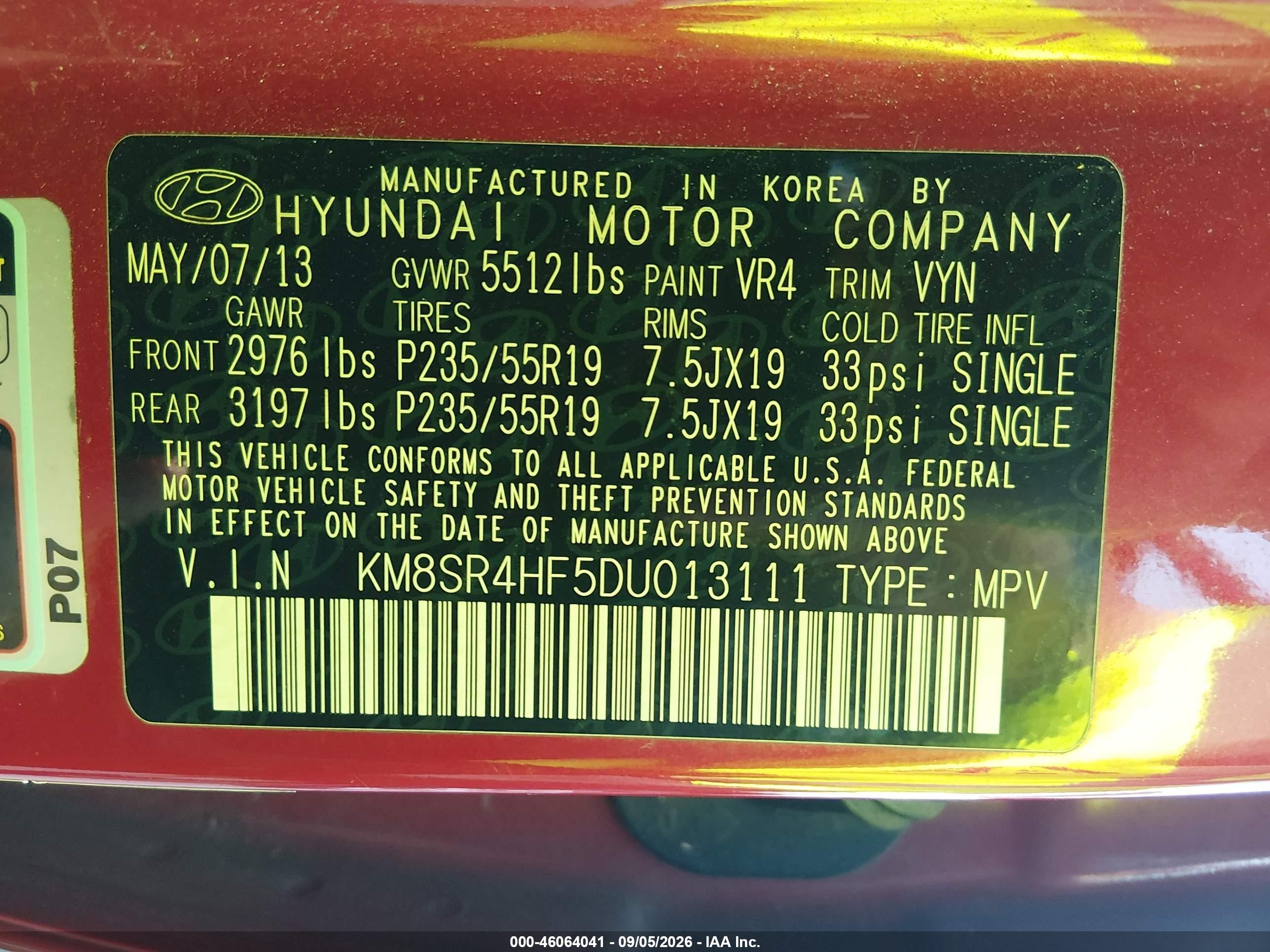 2013 Hyundai Santa Fe Limited Red vin: KM8SR4HF5DU013111