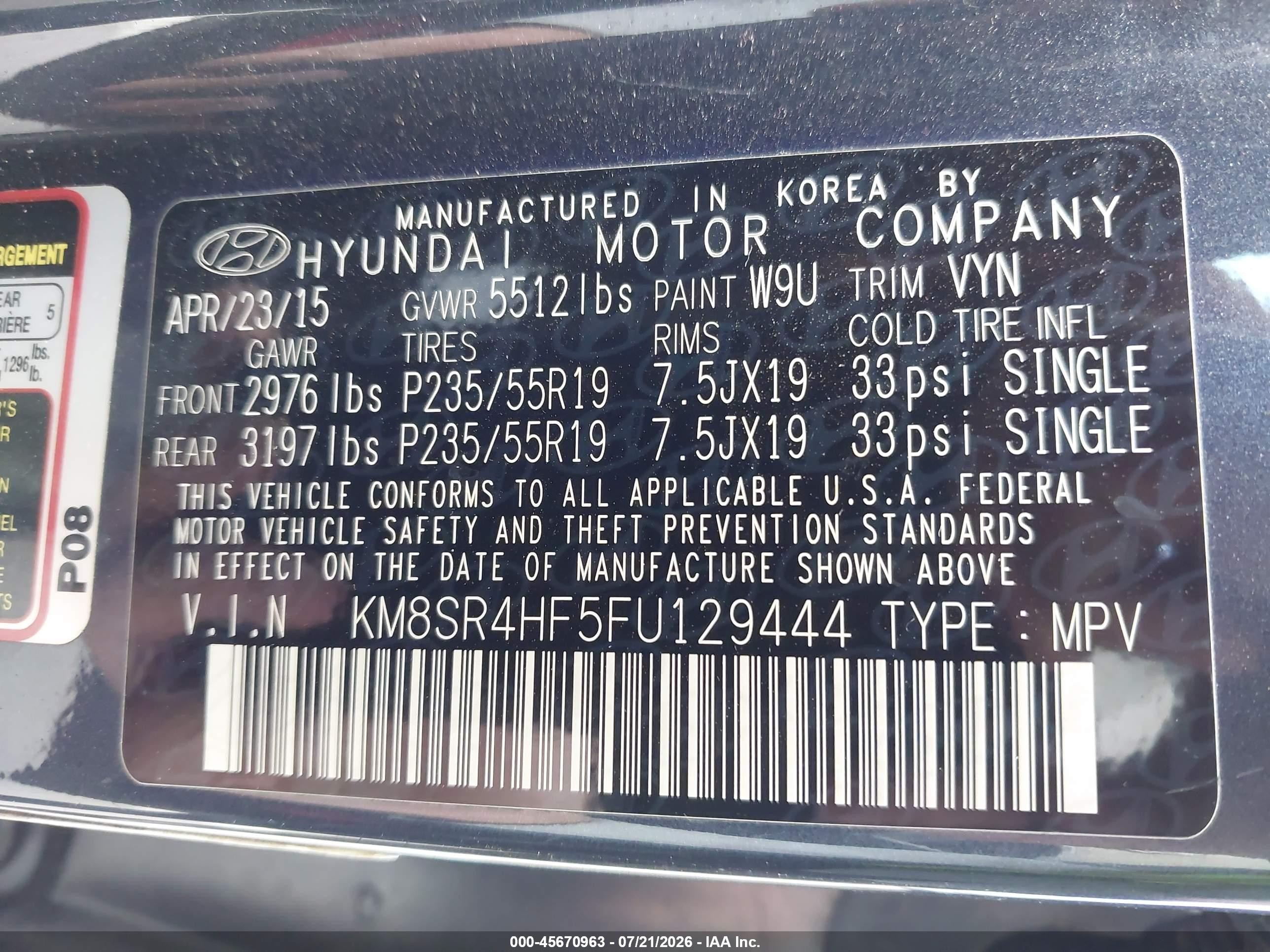 2015 Hyundai Santa Fe Gls Черный vin: KM8SR4HF5FU129444