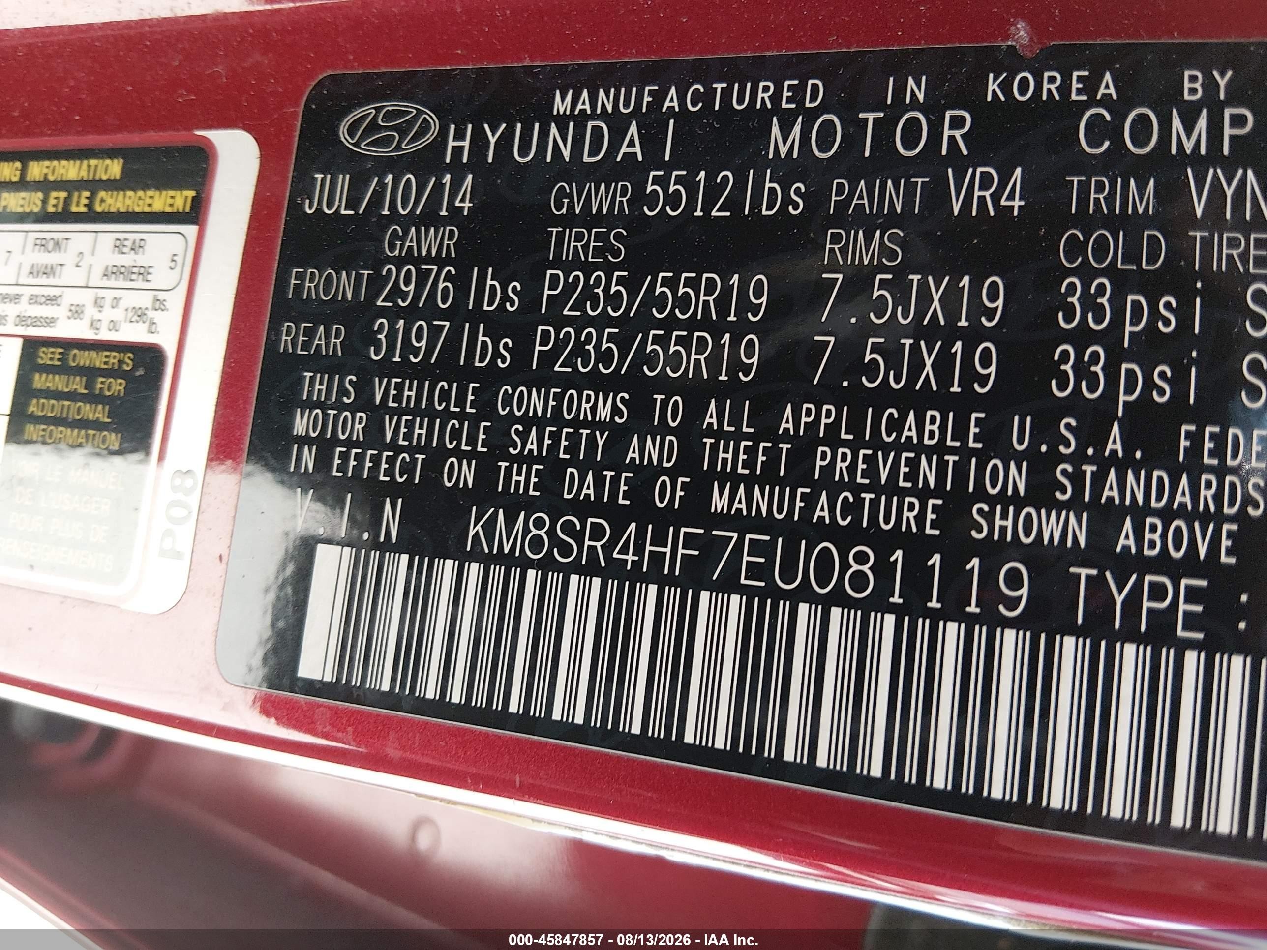 2014 Hyundai Santa Fe Gls Red vin: KM8SR4HF7EU081119