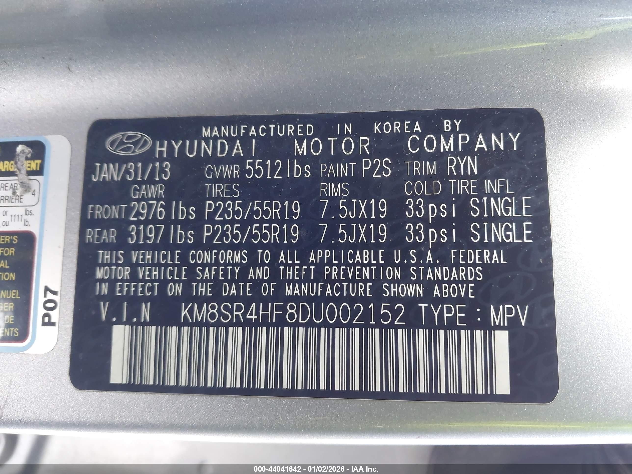 2013 Hyundai Santa Fe Limited Silver vin: KM8SR4HF8DU002152
