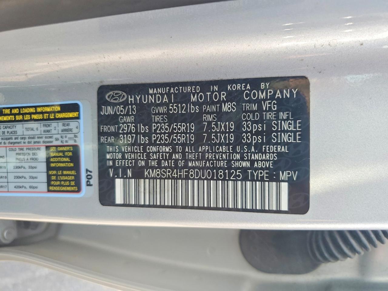 2013 Hyundai Santa Fe Limited Silver vin: KM8SR4HF8DU018125