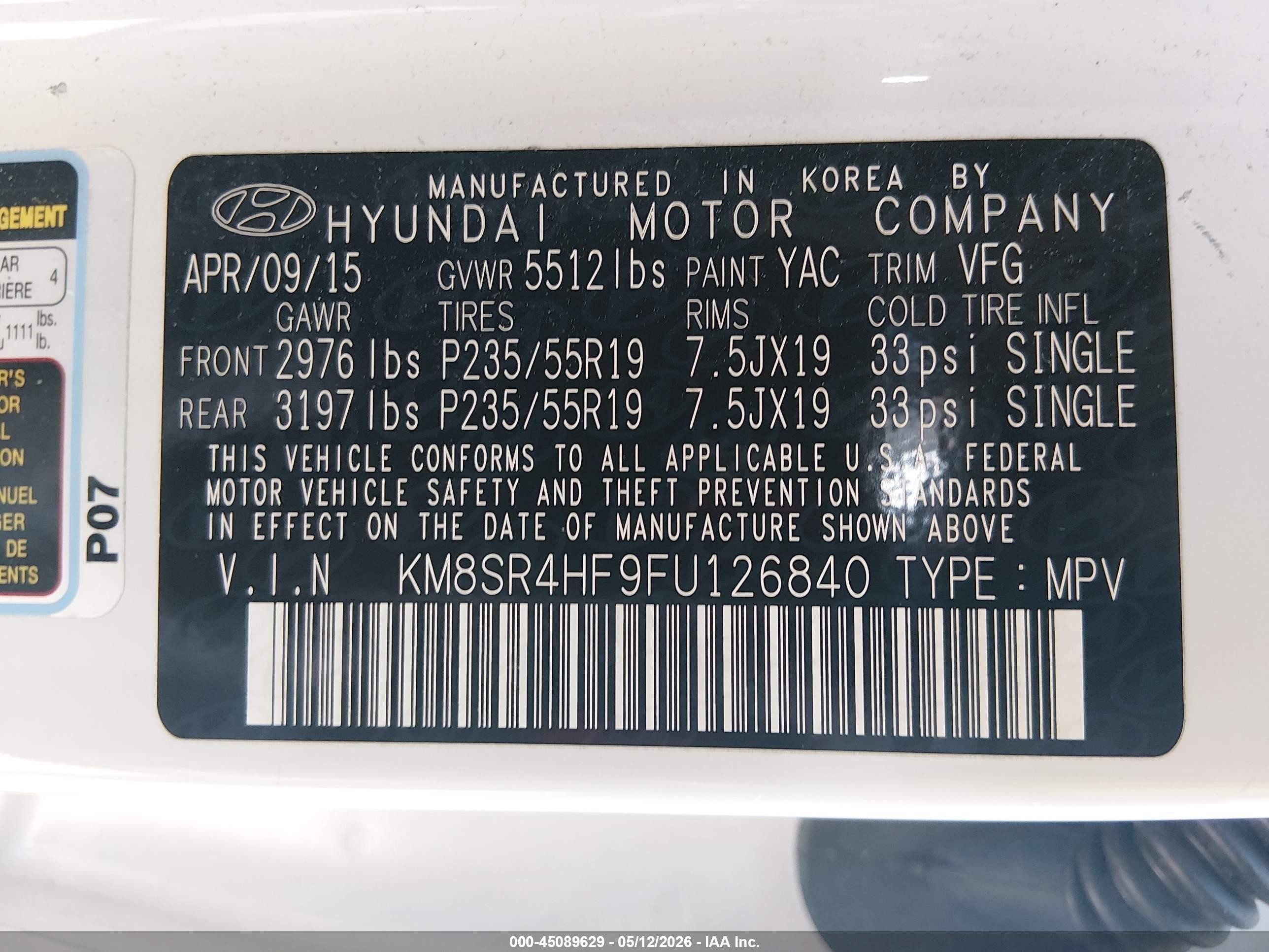 2015 Hyundai Santa Fe Limited White vin: KM8SR4HF9FU126840