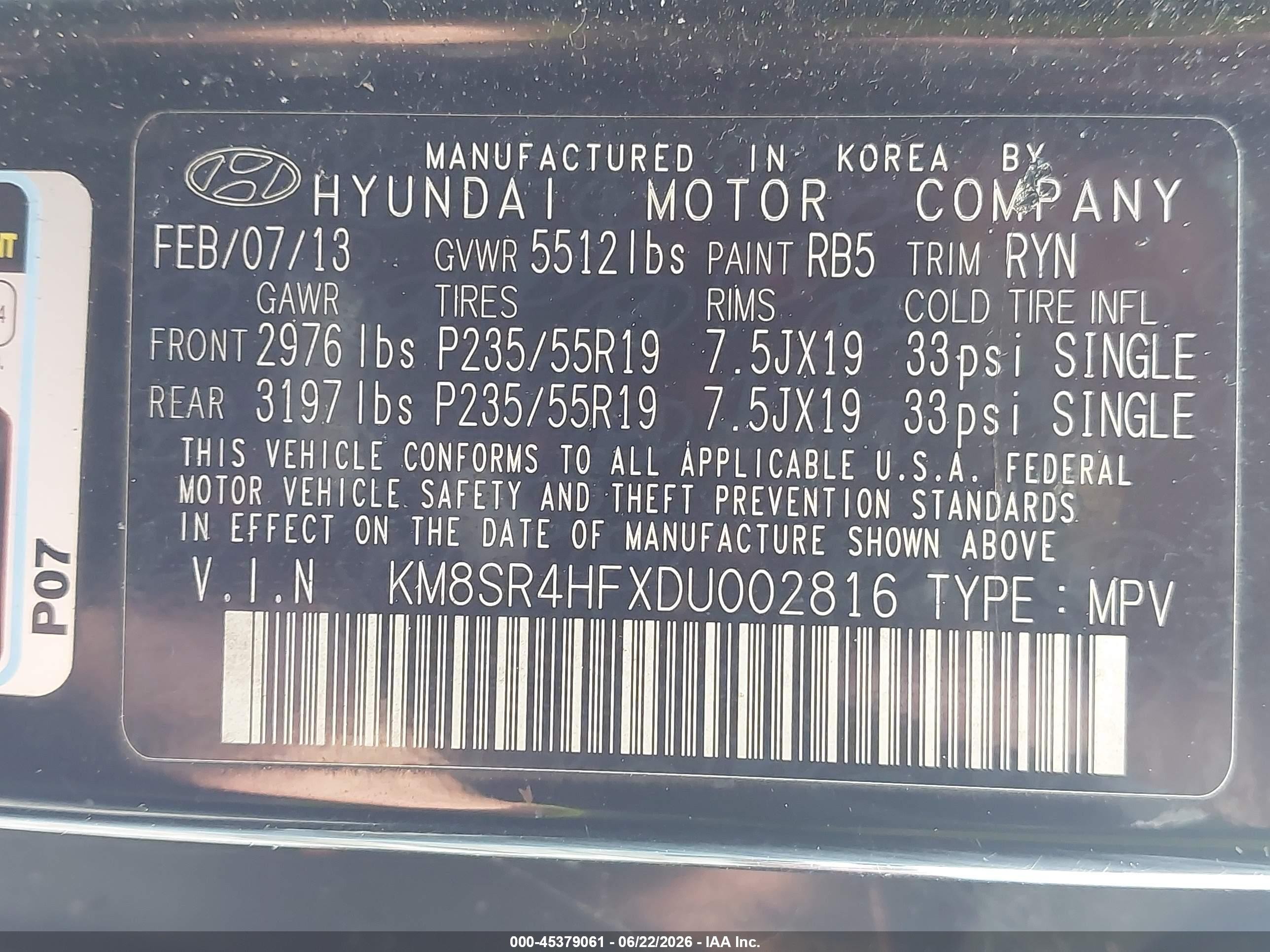 2013 Hyundai Santa Fe Limited Black vin: KM8SR4HFXDU002816