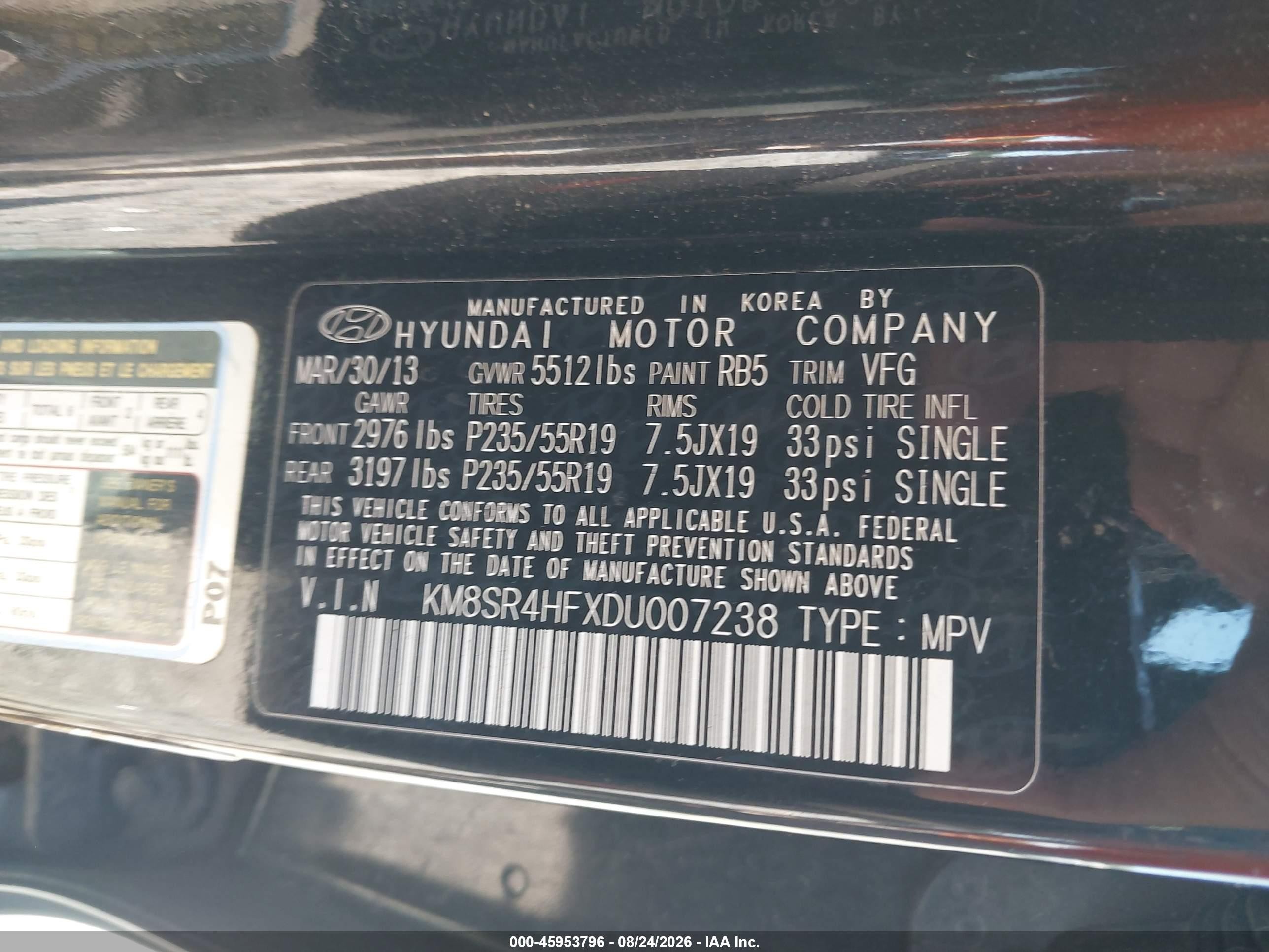 2013 Hyundai Santa Fe Limited Black vin: KM8SR4HFXDU007238