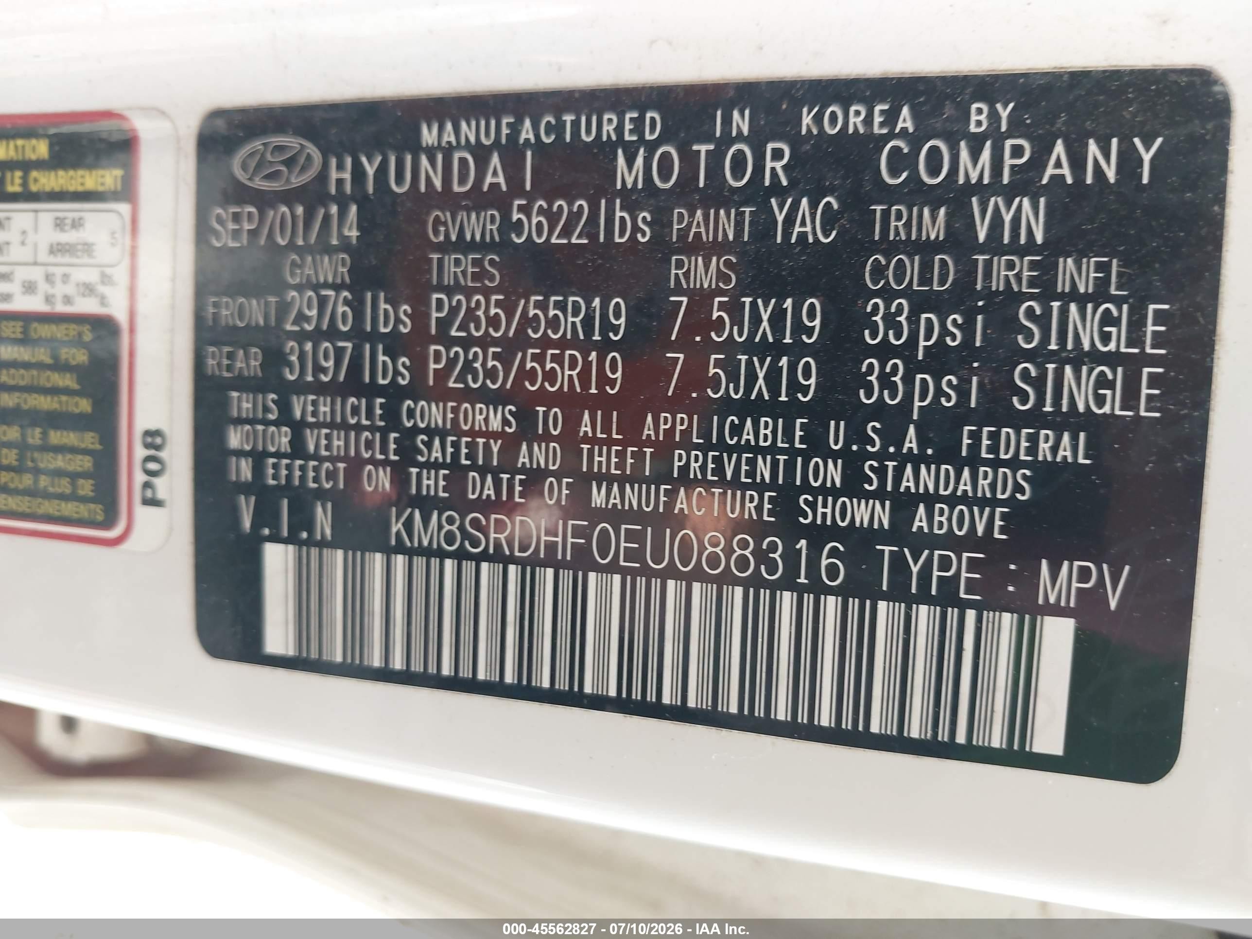 2014 Hyundai Santa Fe Gls White vin: KM8SRDHF0EU088316
