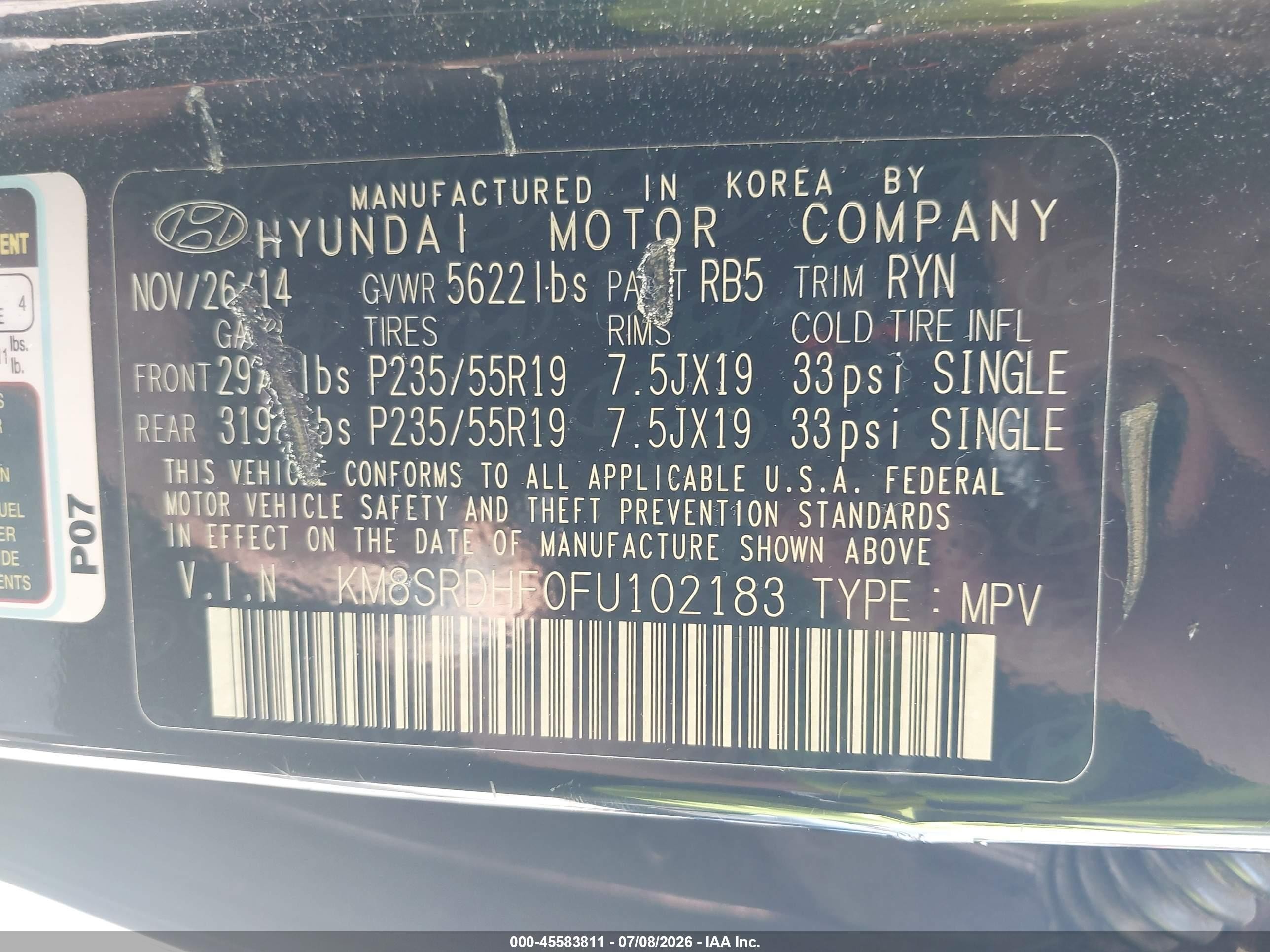2015 Hyundai Santa Fe Limited Black vin: KM8SRDHF0FU102183