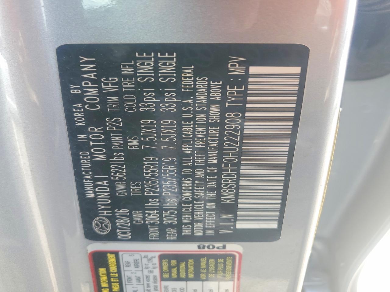 2017 Hyundai Santa Fe Se Ultimate Silver vin: KM8SRDHF0HU222908