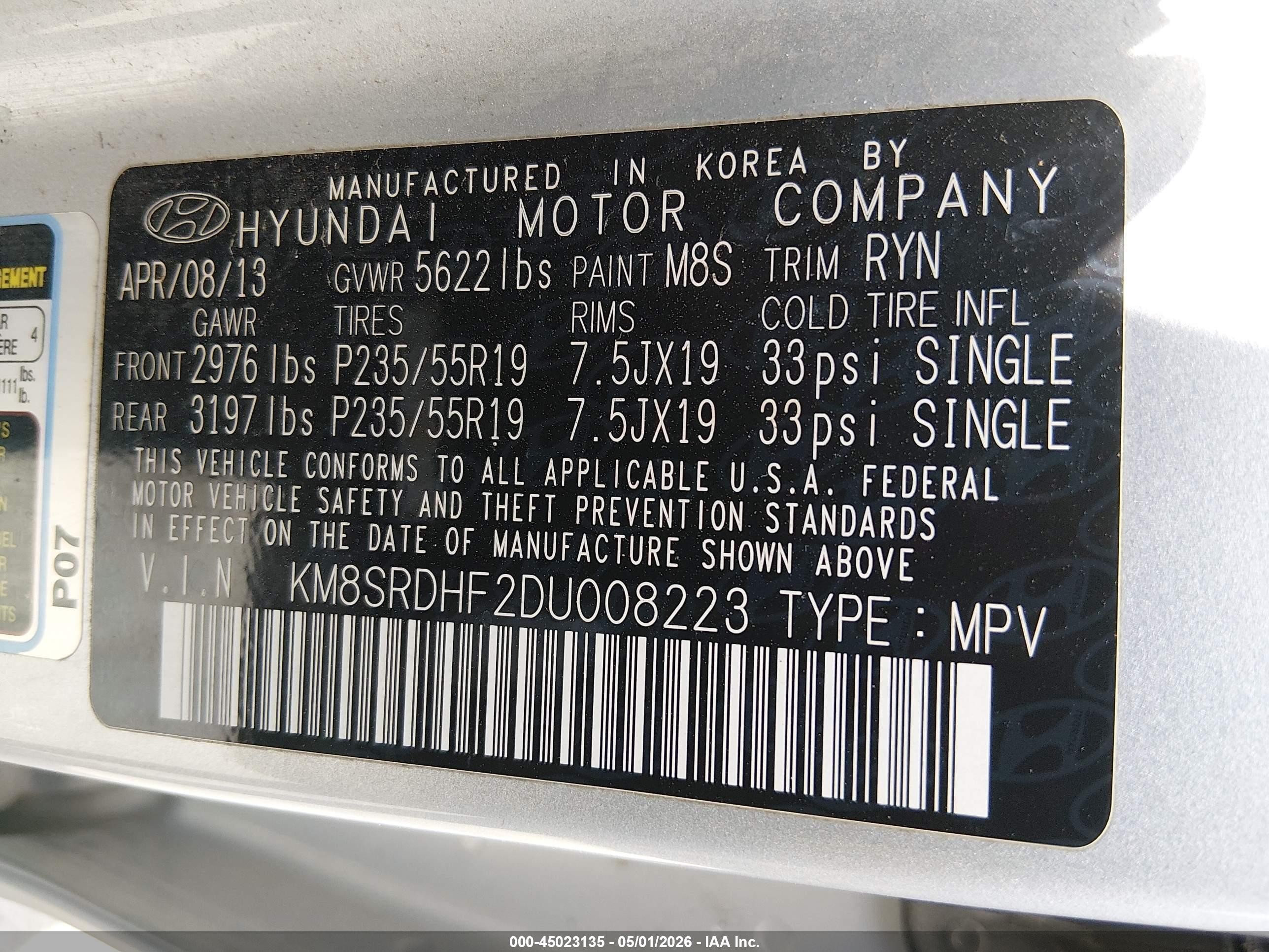 2013 Hyundai Santa Fe Limited Silver vin: KM8SRDHF2DU008223