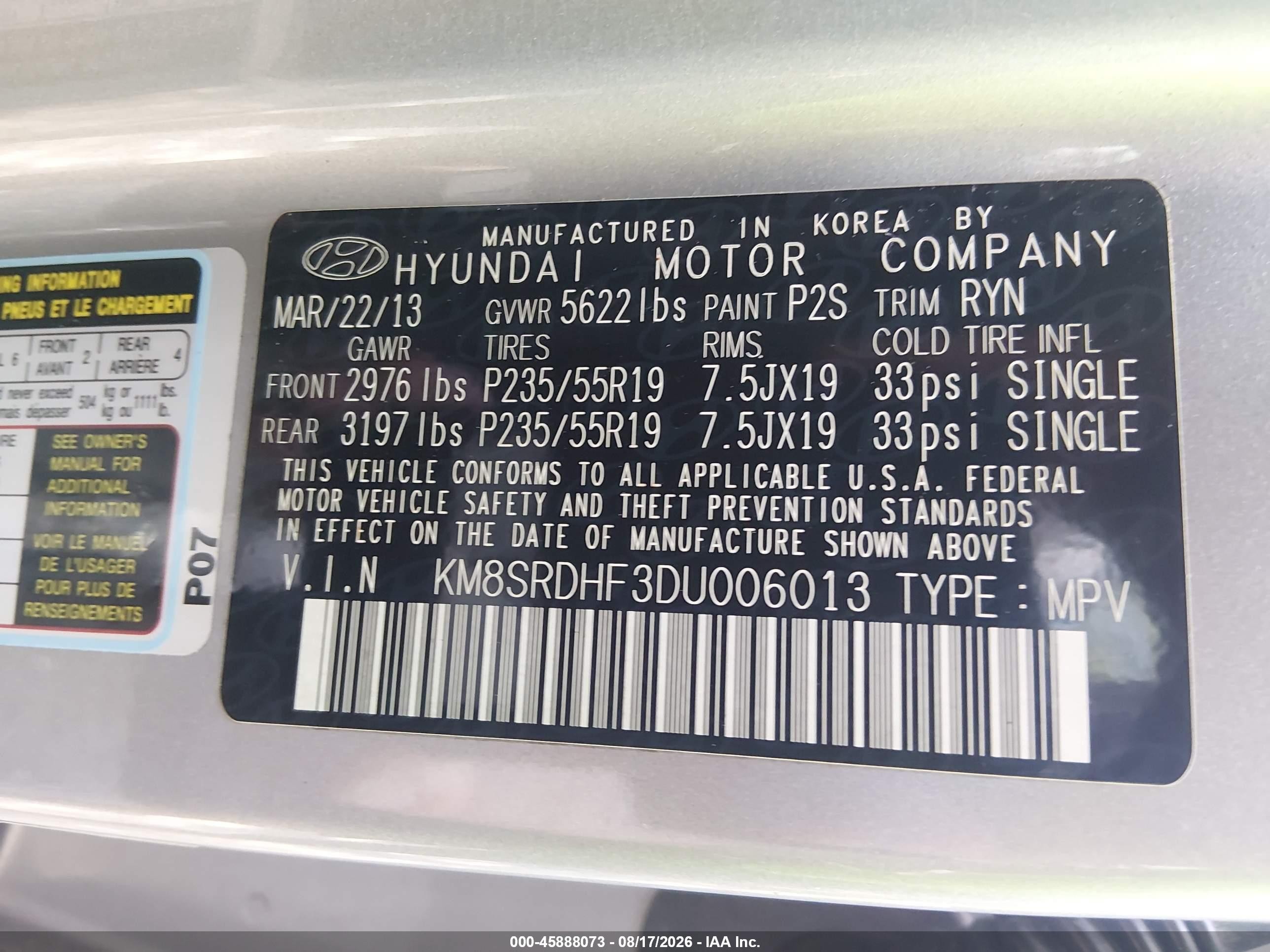 2013 Hyundai Santa Fe Limited Silver vin: KM8SRDHF3DU006013