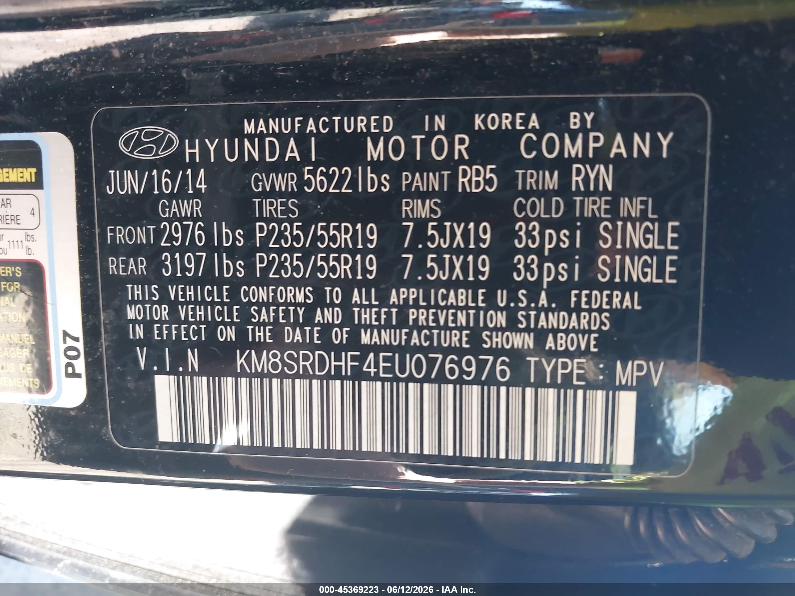 2014 Hyundai Santa Fe Limited Black vin: KM8SRDHF4EU076976