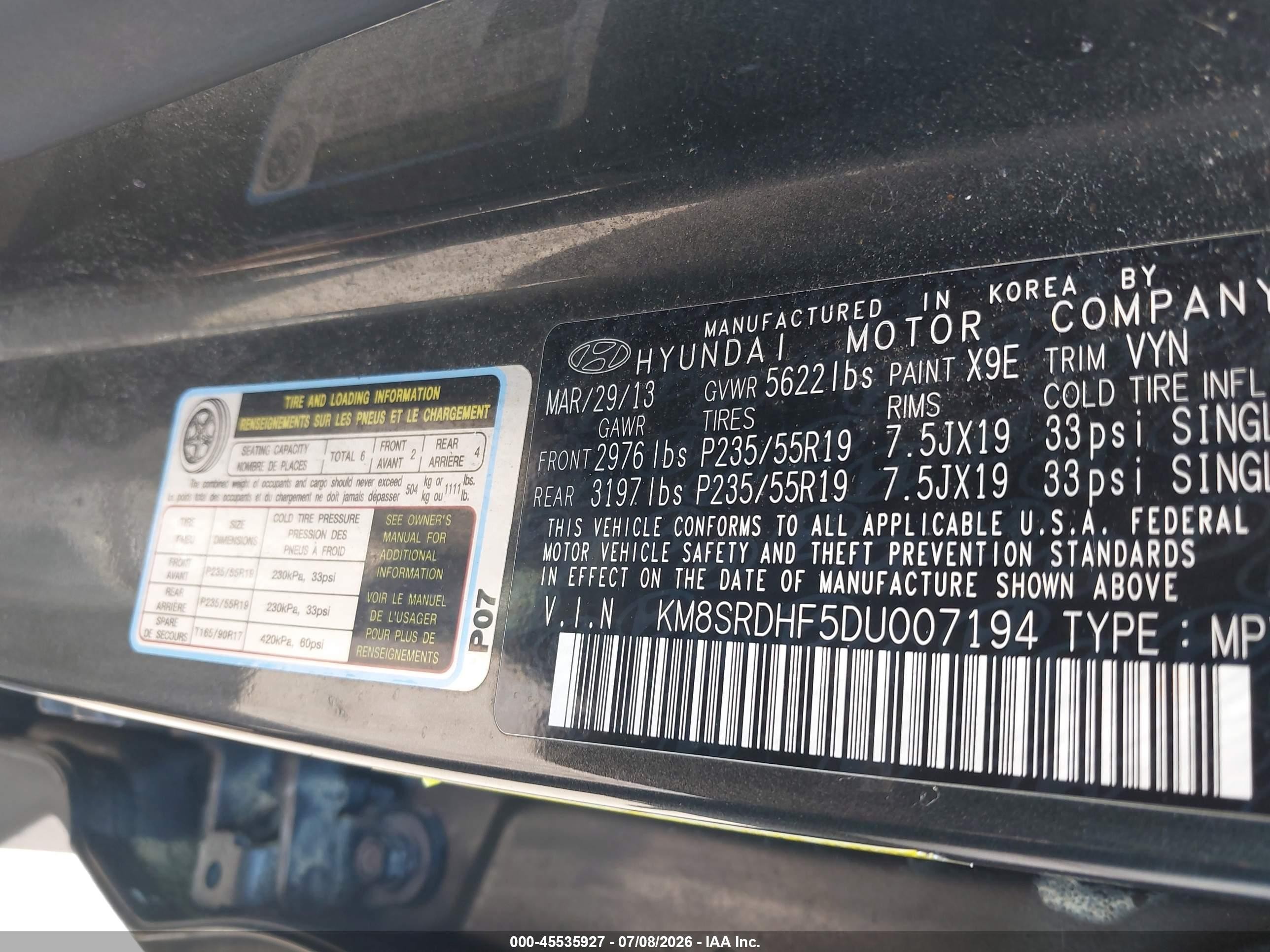 2013 Hyundai Santa Fe Limited Gray vin: KM8SRDHF5DU007194