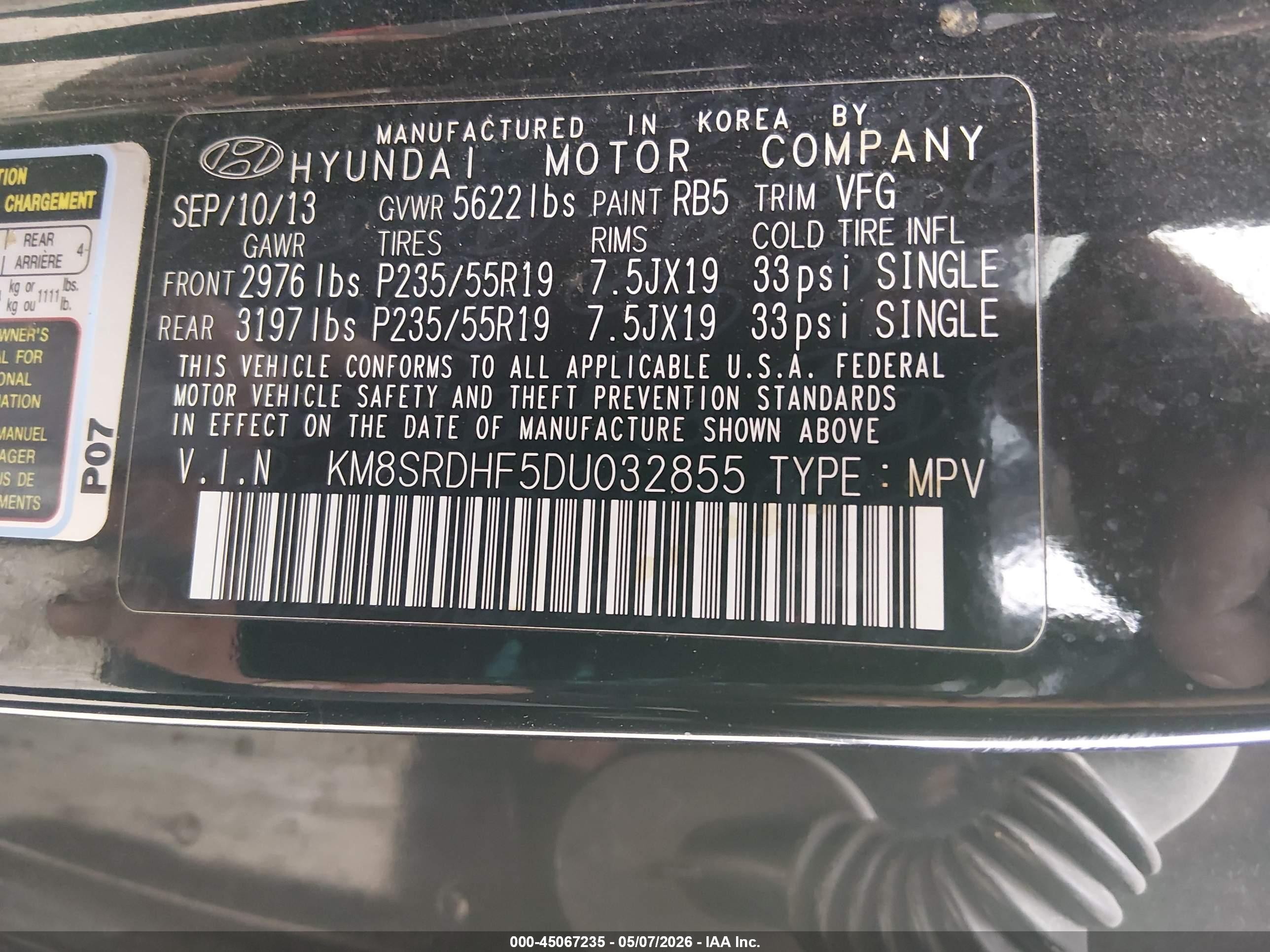 2013 Hyundai Santa Fe Limited Черный vin: KM8SRDHF5DU032855