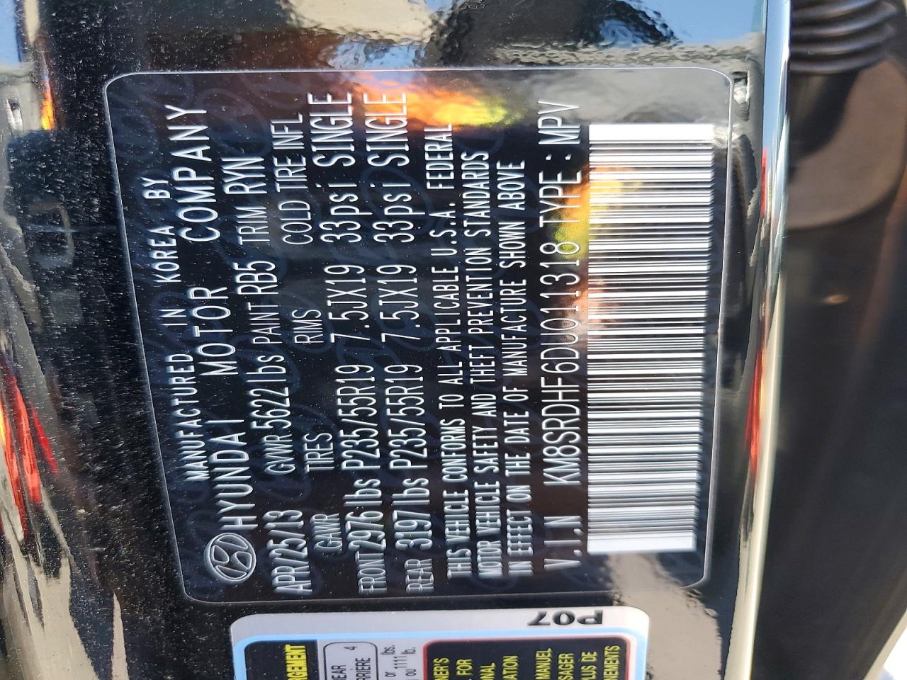 2013 Hyundai Santa Fe Limited Black vin: KM8SRDHF6DU011318