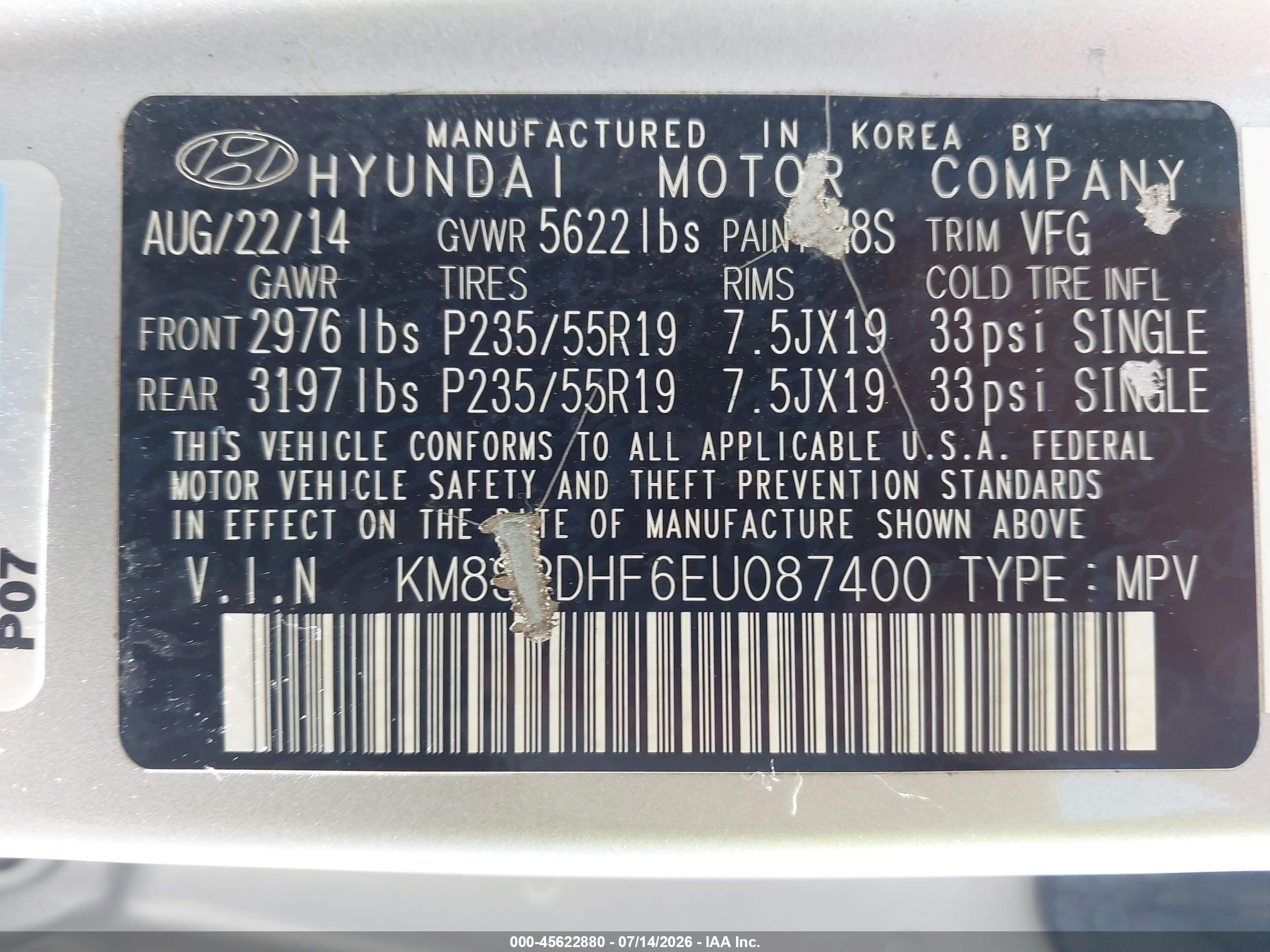 2014 Hyundai Santa Fe Limited Silver vin: KM8SRDHF6EU087400