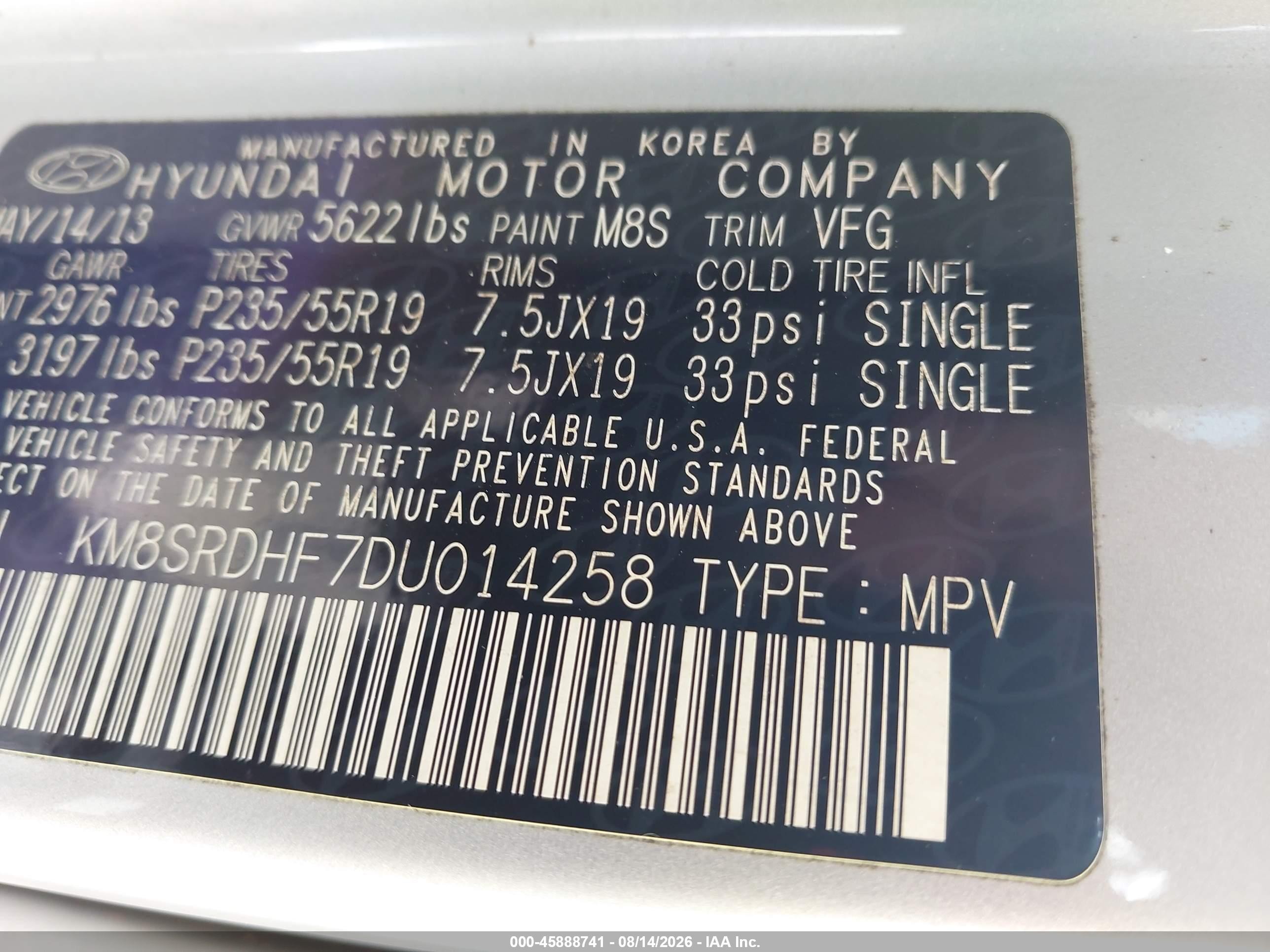 2013 Hyundai Santa Fe Limited Серебряный vin: KM8SRDHF7DU014258
