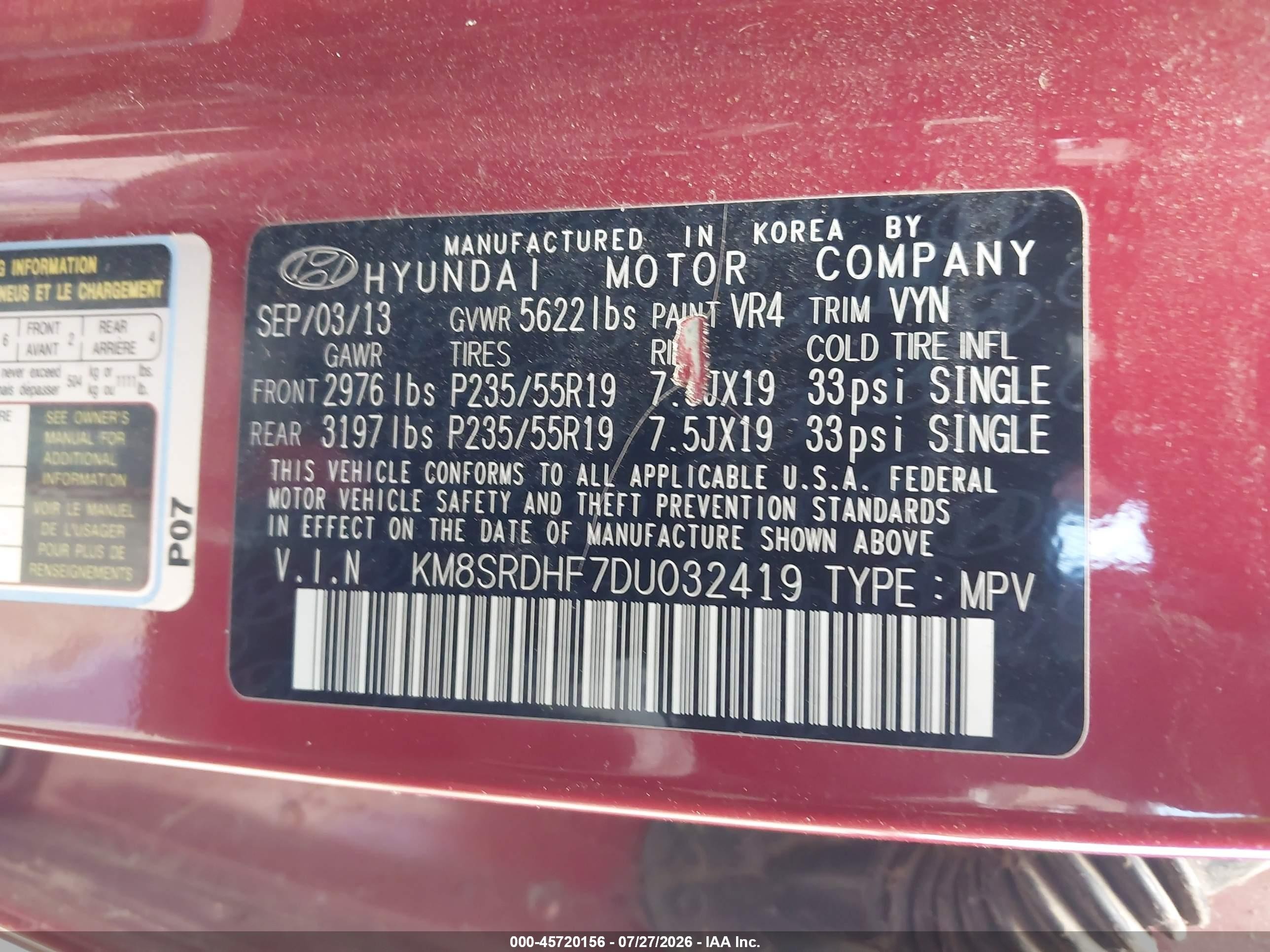 2013 Hyundai Santa Fe Limited Red vin: KM8SRDHF7DU032419