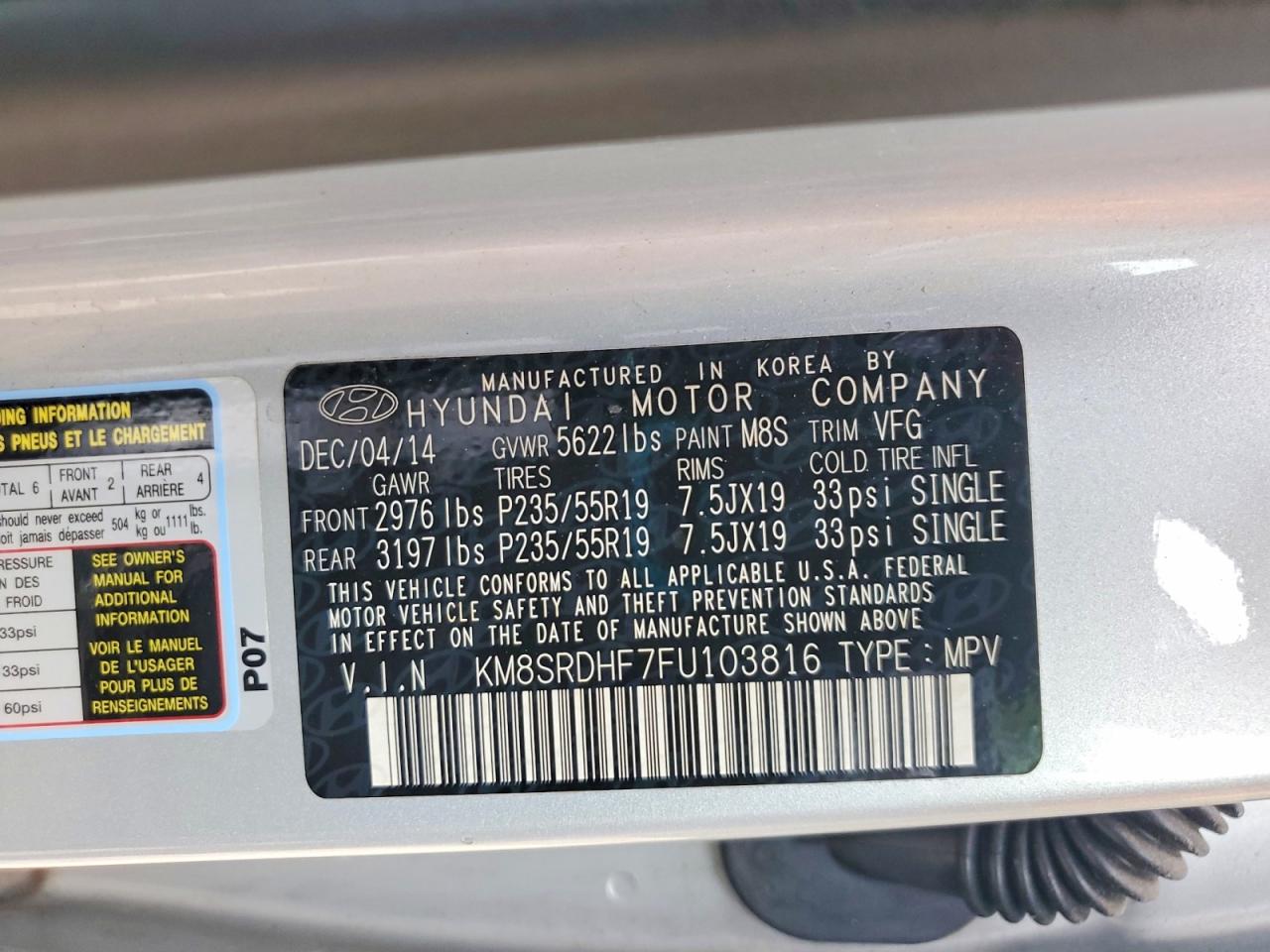 2015 Hyundai Santa Fe Limited Silver vin: KM8SRDHF7FU103816