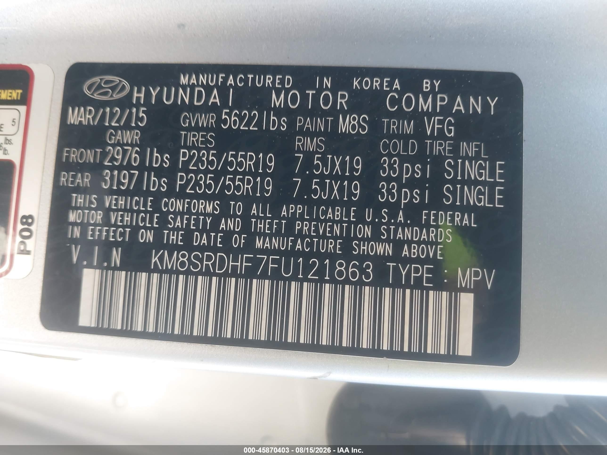 2015 Hyundai Santa Fe Gls Gray vin: KM8SRDHF7FU121863