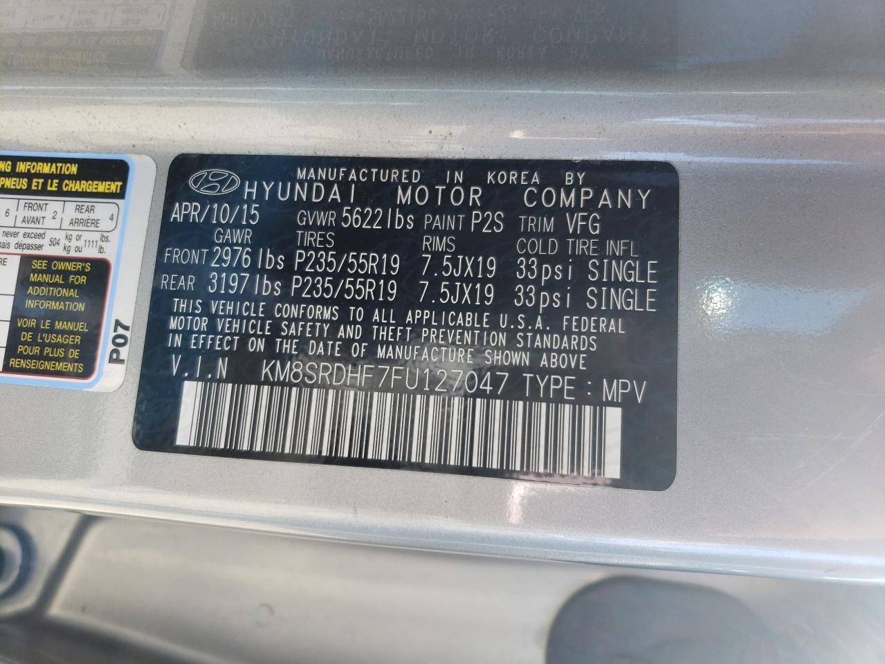 2015 Hyundai Santa Fe Gls Silver vin: KM8SRDHF7FU127047