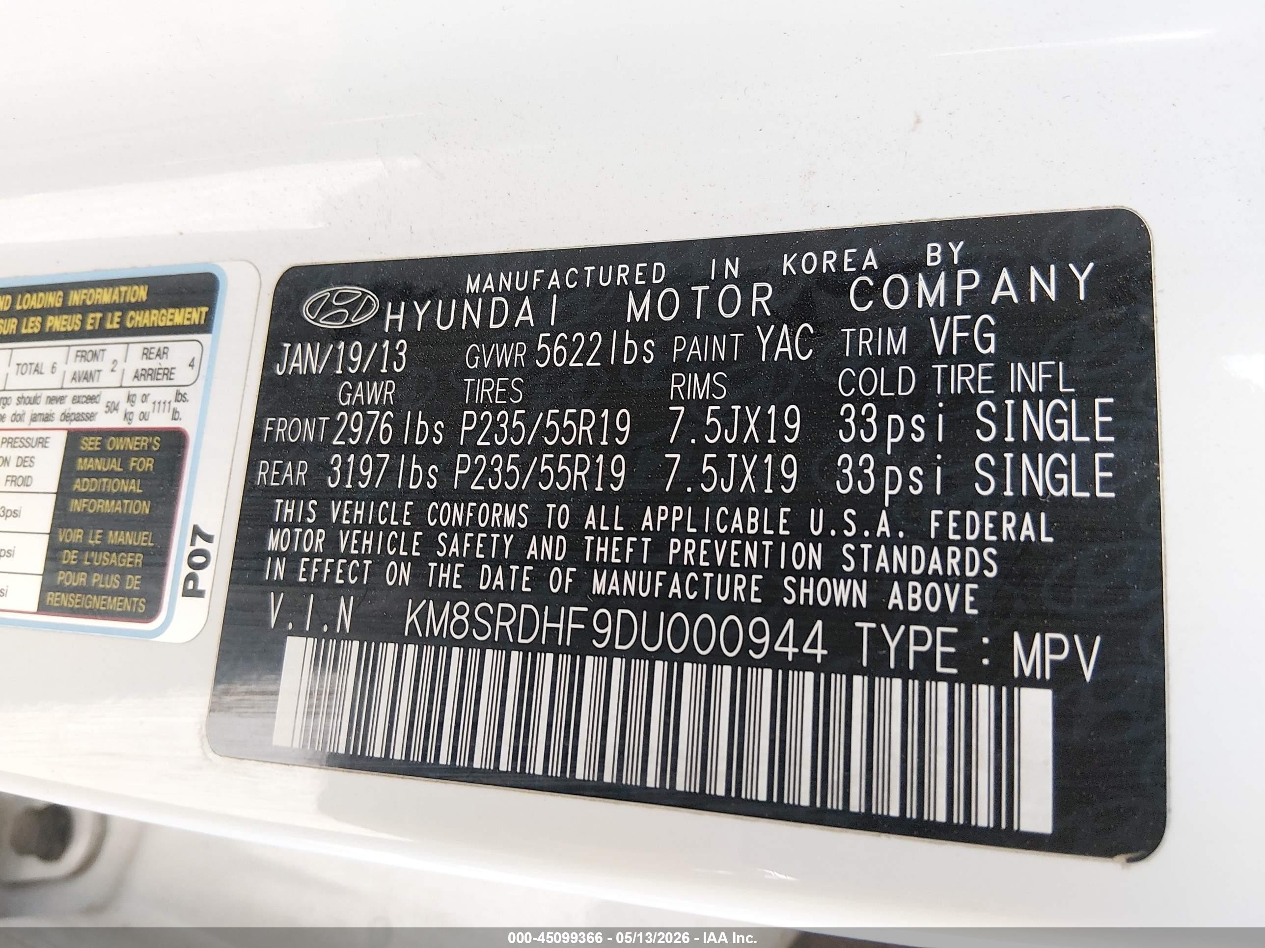 2013 Hyundai Santa Fe Limited White vin: KM8SRDHF9DU000944