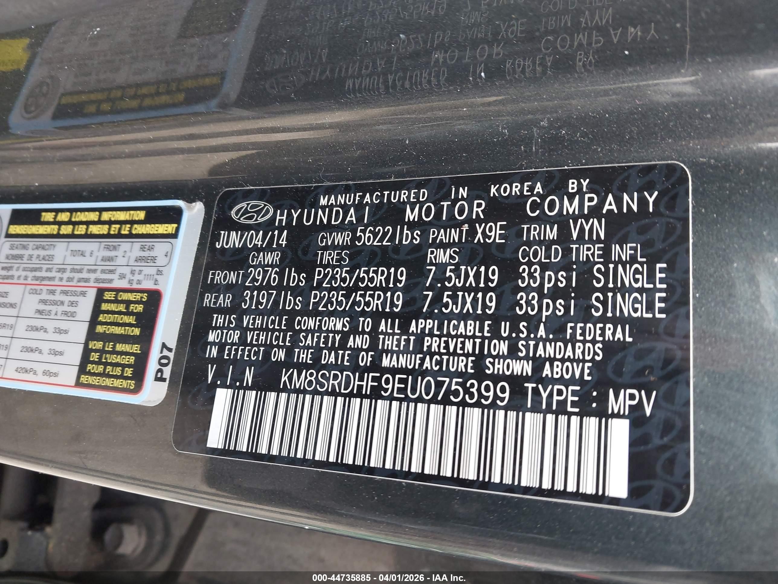 2014 Hyundai Santa Fe Limited Gray vin: KM8SRDHF9EU075399