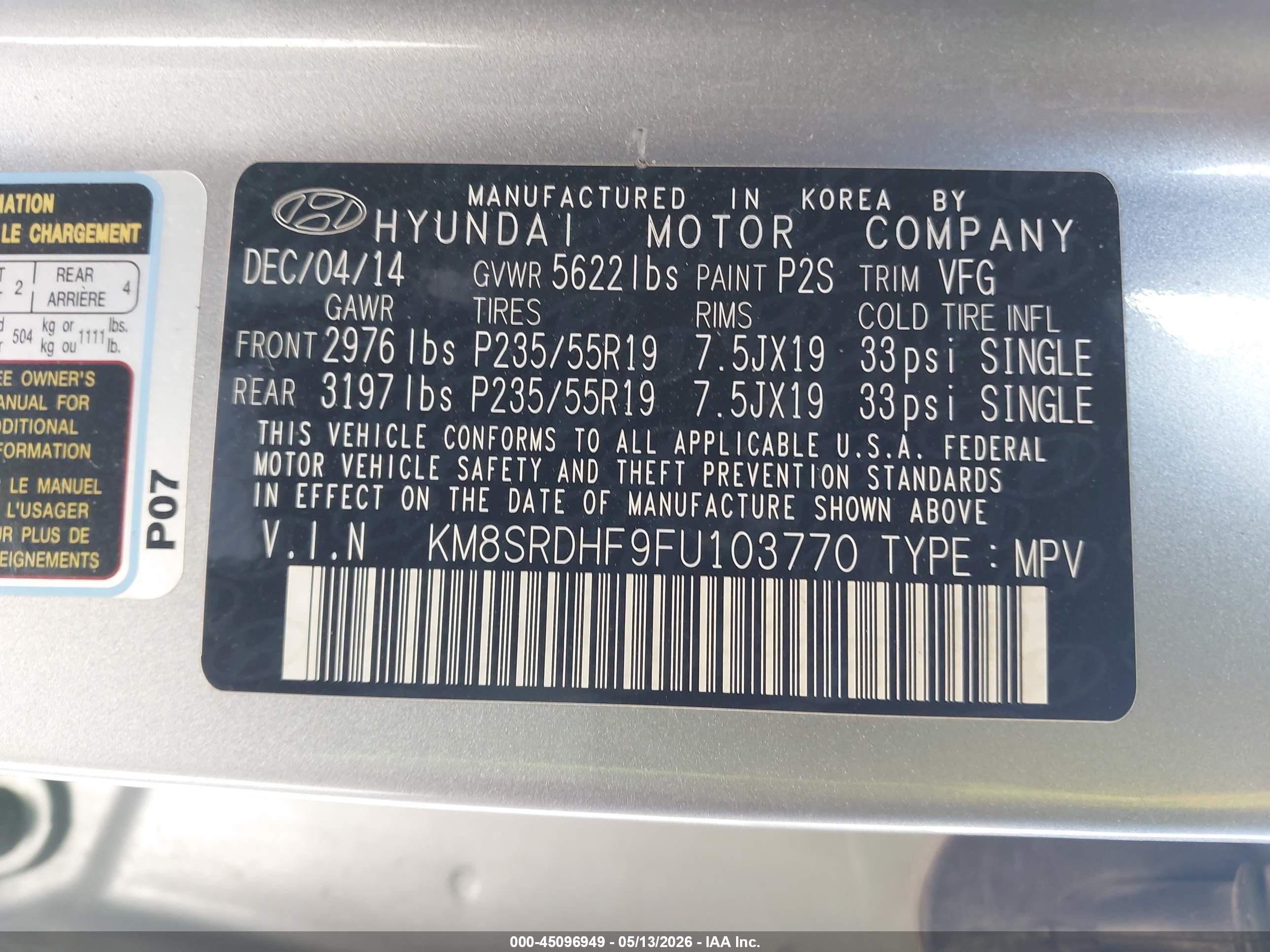 2015 Hyundai Santa Fe Limited Gray vin: KM8SRDHF9FU103770
