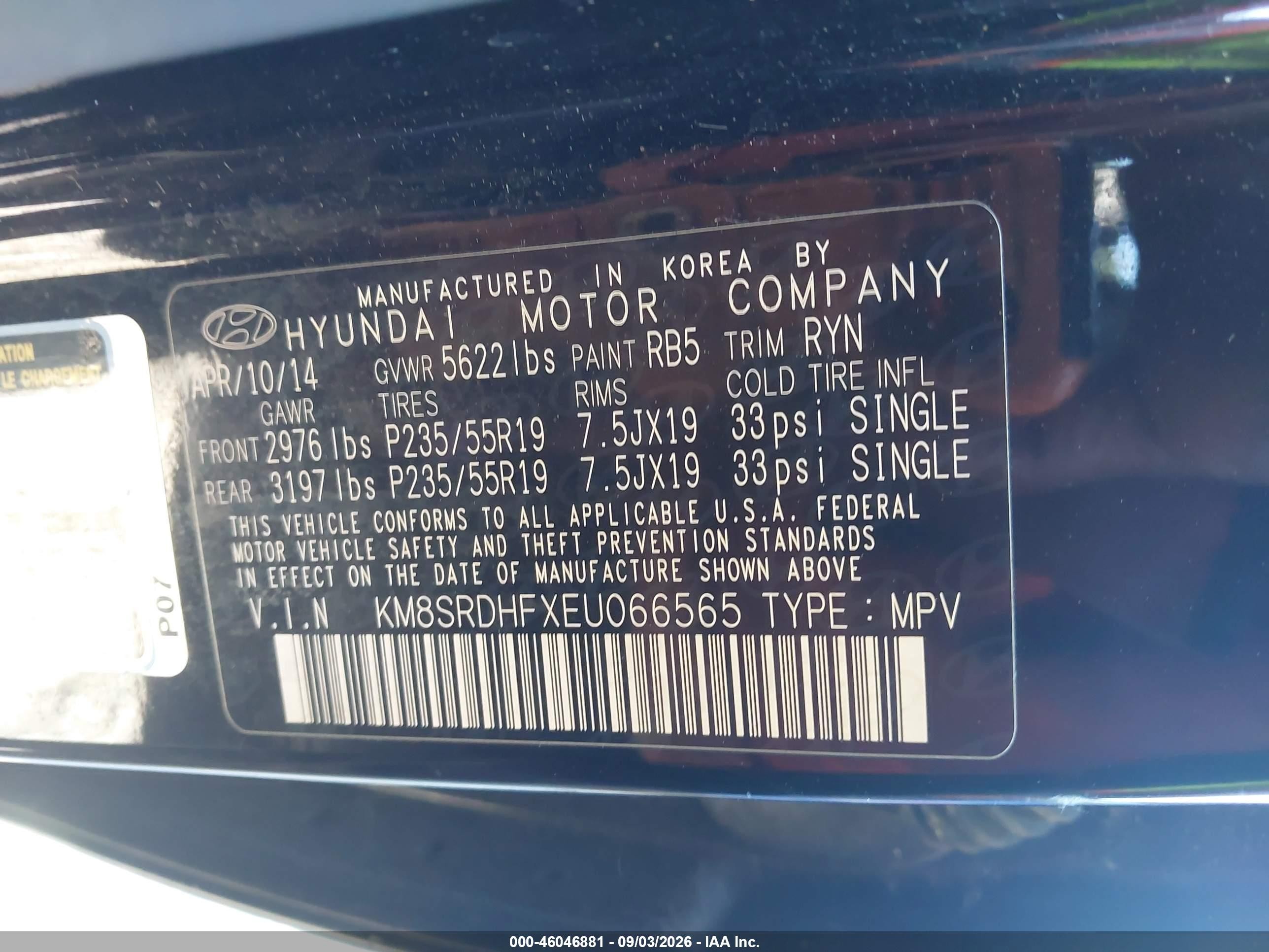 2014 Hyundai Santa Fe Limited Black vin: KM8SRDHFXEU066565