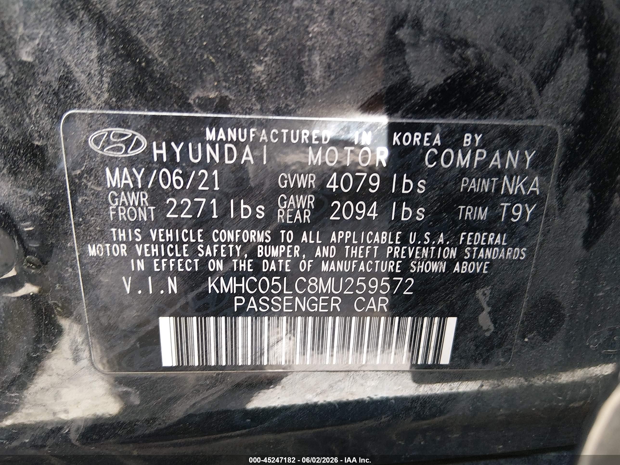 2021 Hyundai Ioniq Hybrid Limited Black vin: KMHC05LC8MU259572