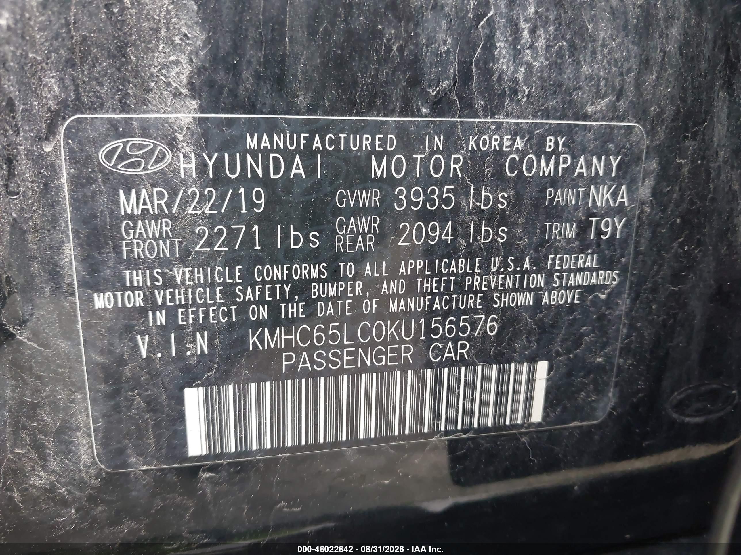 2019 Hyundai Ioniq Hybrid Blue Black vin: KMHC65LC0KU156576