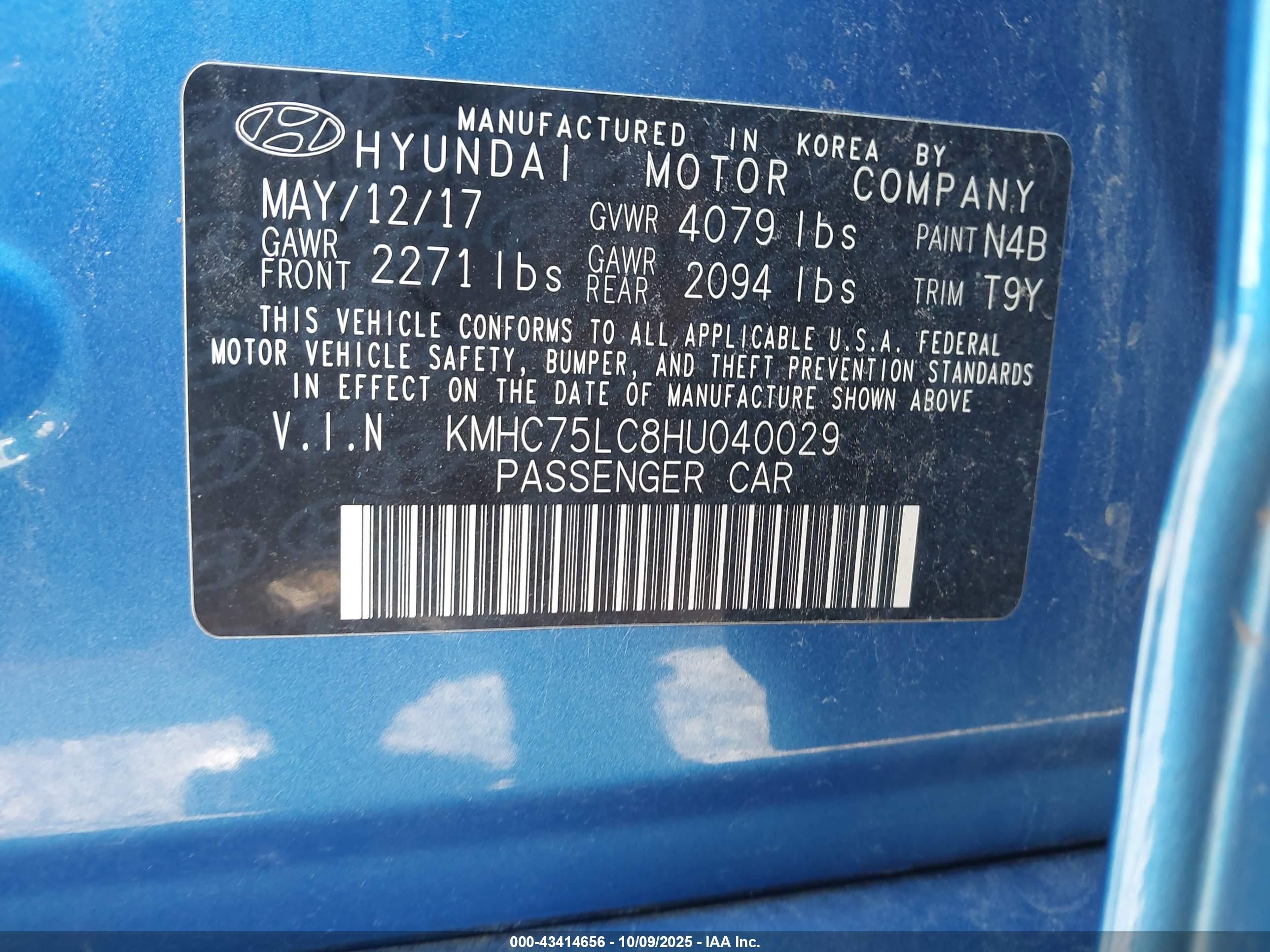 2017 Hyundai Ioniq Hybrid Sel Blue vin: KMHC75LC8HU040029