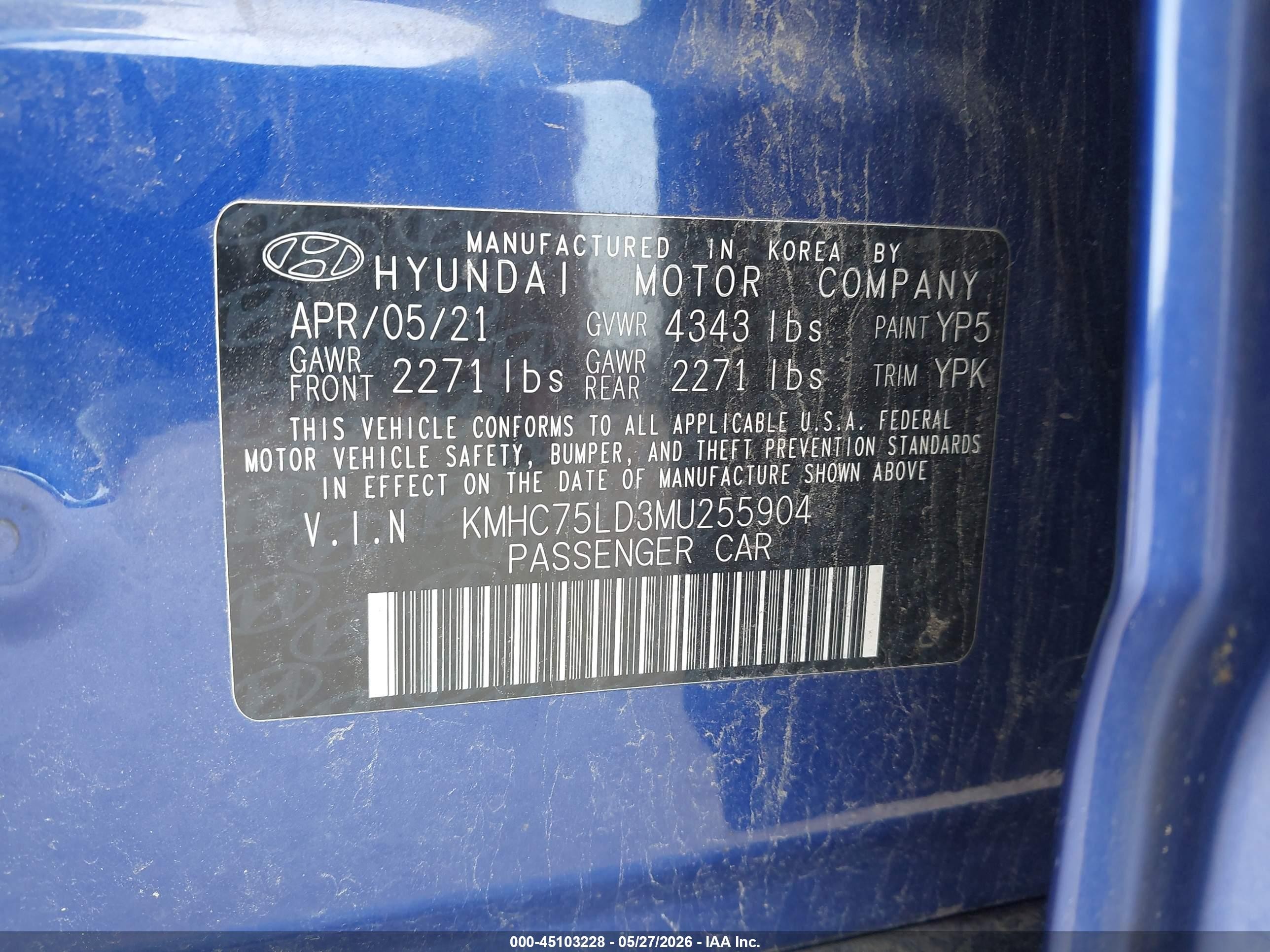 2021 Hyundai Ioniq Plug-in Hybrid Sel Blue vin: KMHC75LD3MU255904