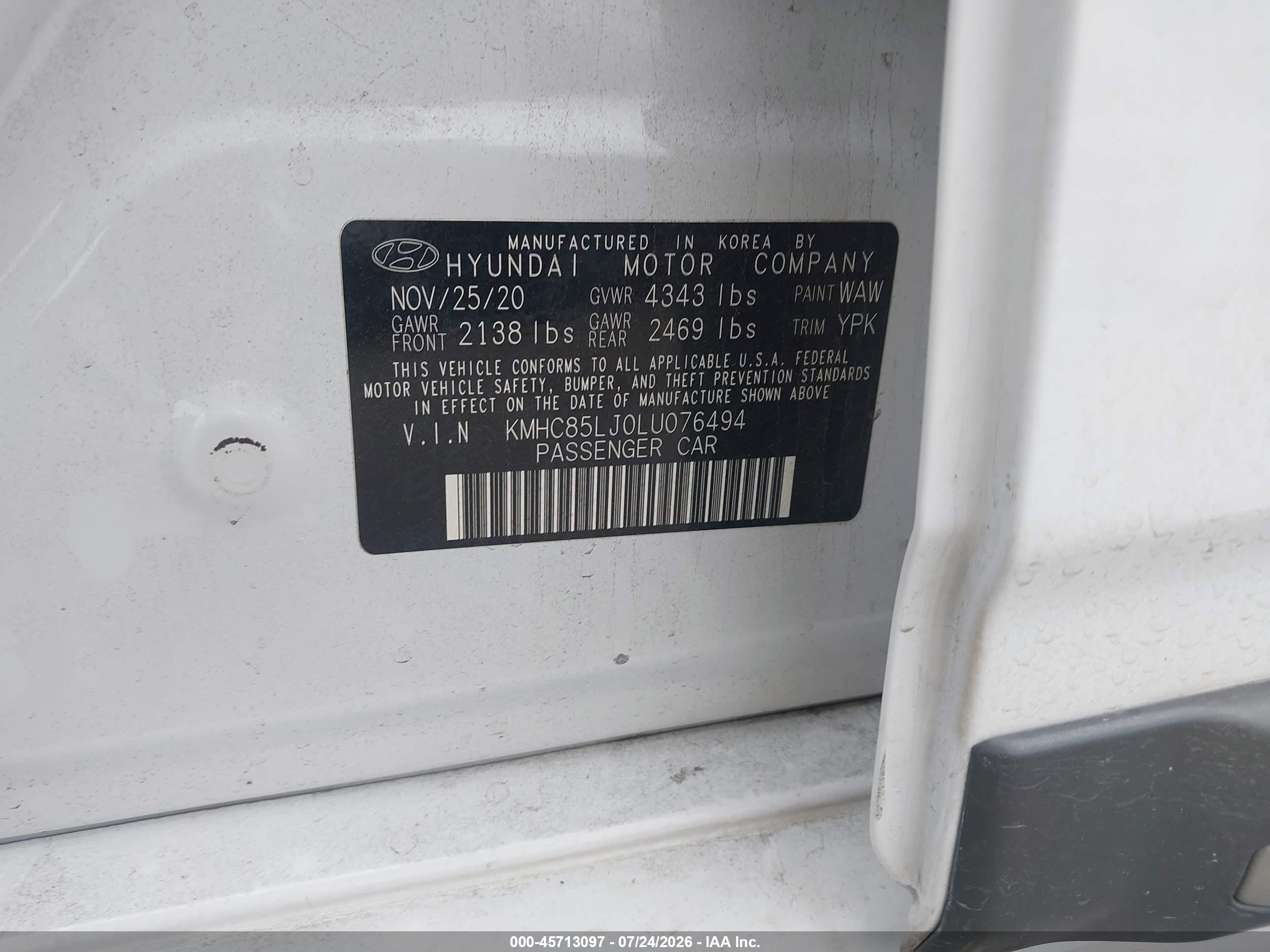 2020 Hyundai Ioniq Electric Limited White vin: KMHC85LJ0LU076494