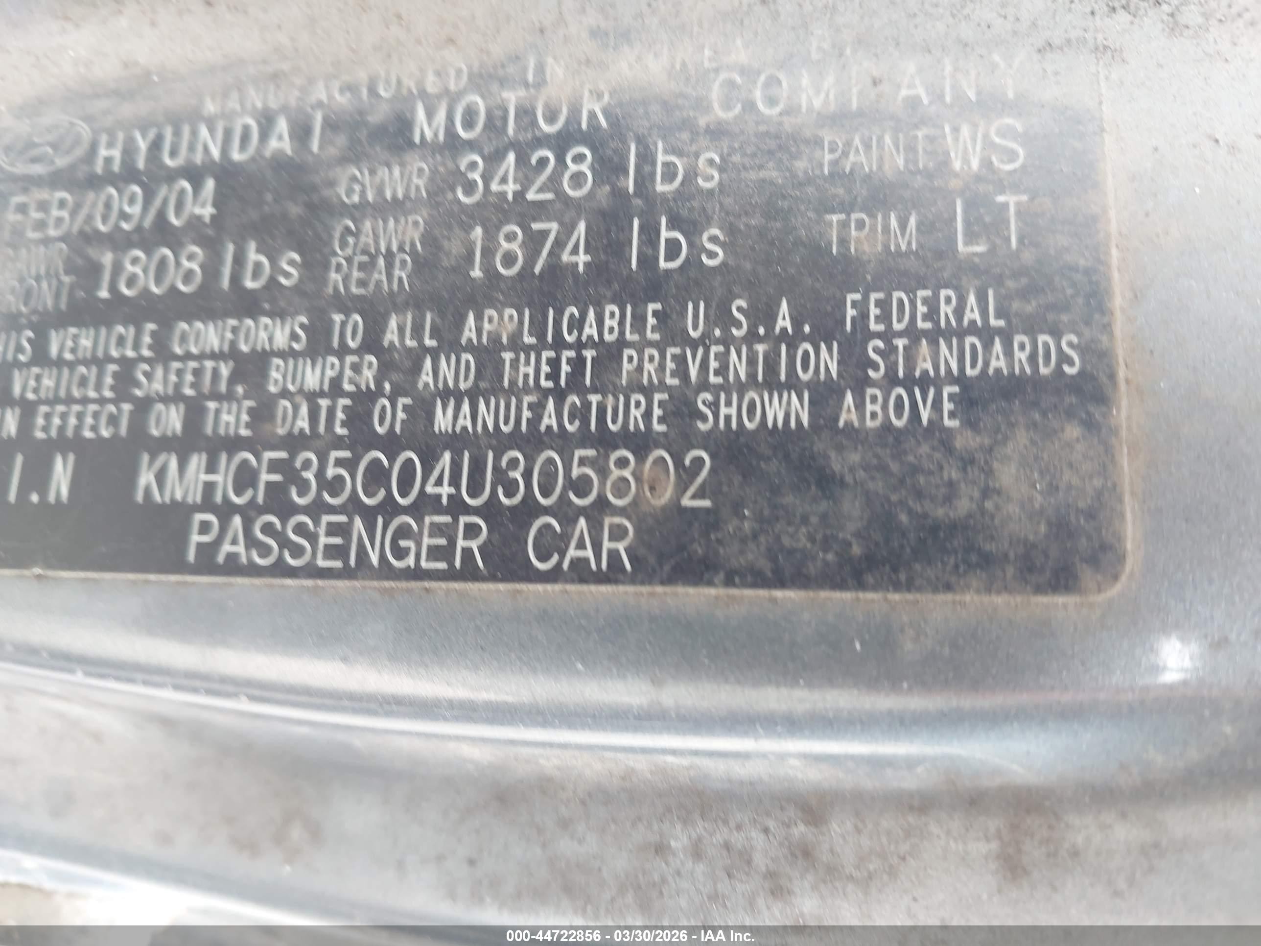 2004 Hyundai Accent   Gray vin: KMHCF35C04U305802