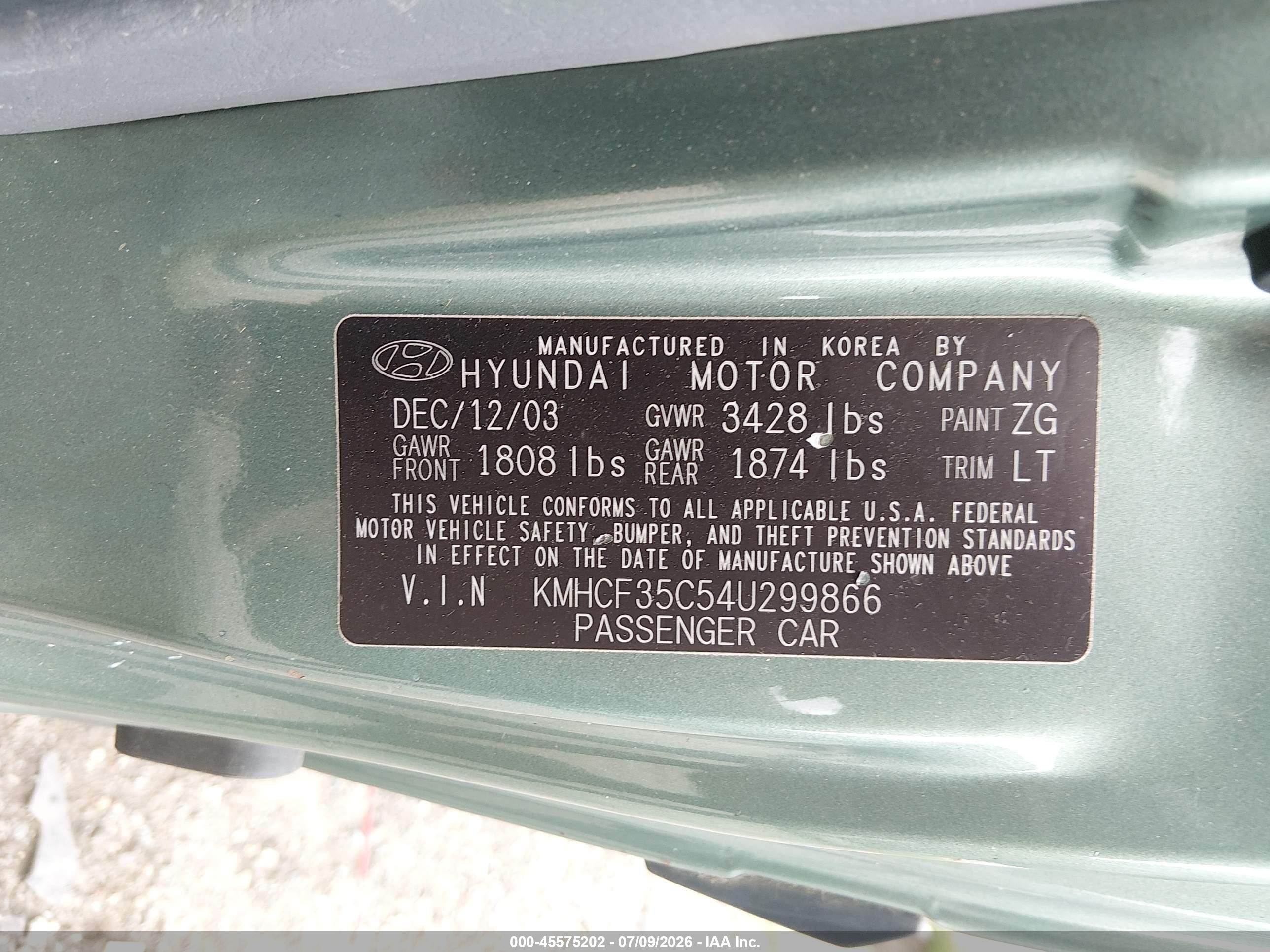 2004 Hyundai Accent   Green vin: KMHCF35C54U299866