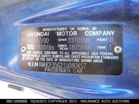 2001 Hyundai Accent L vin: KMHCF35G21U080457