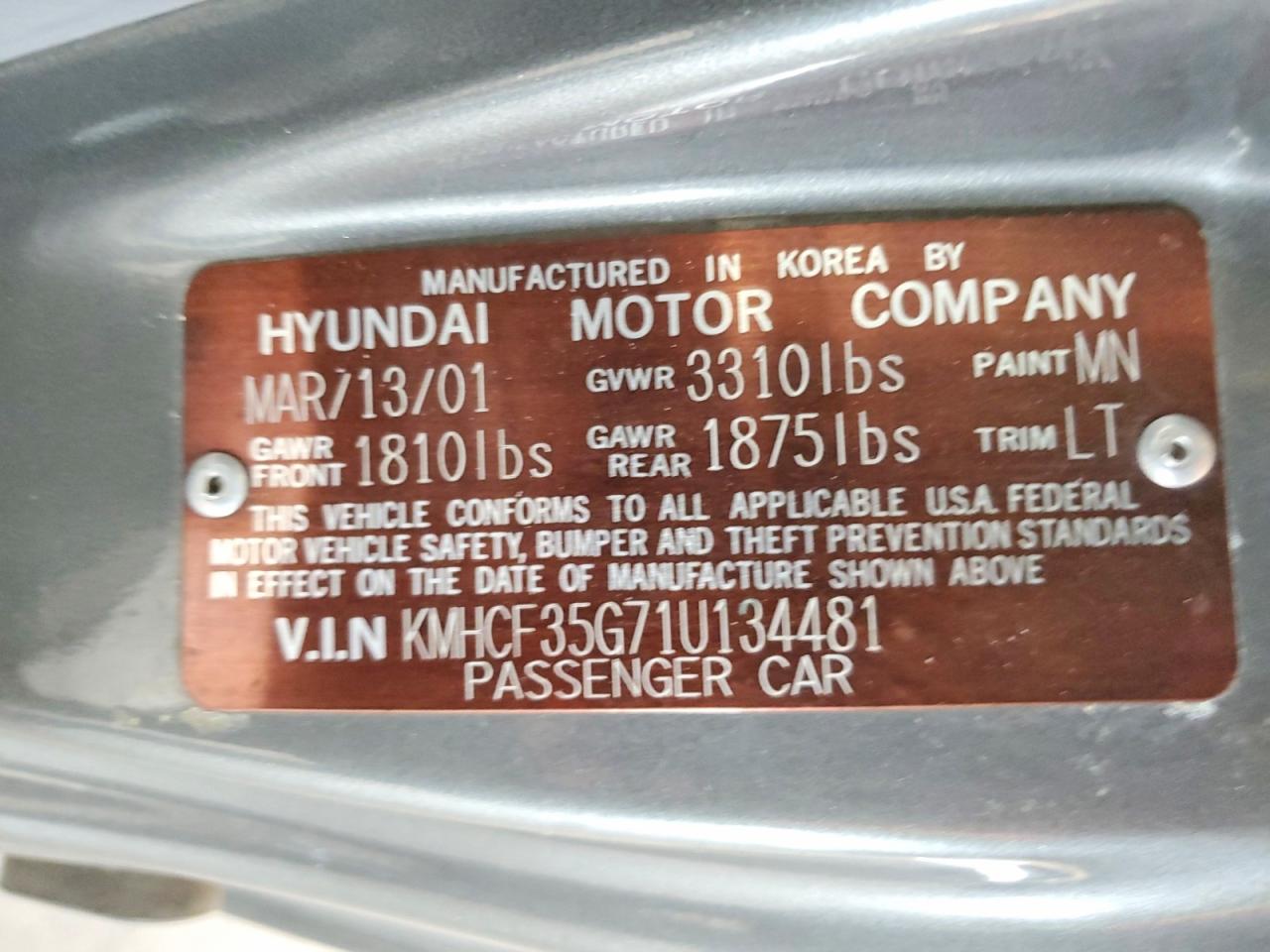2001 Hyundai Accent L Gray vin: KMHCF35G71U134481