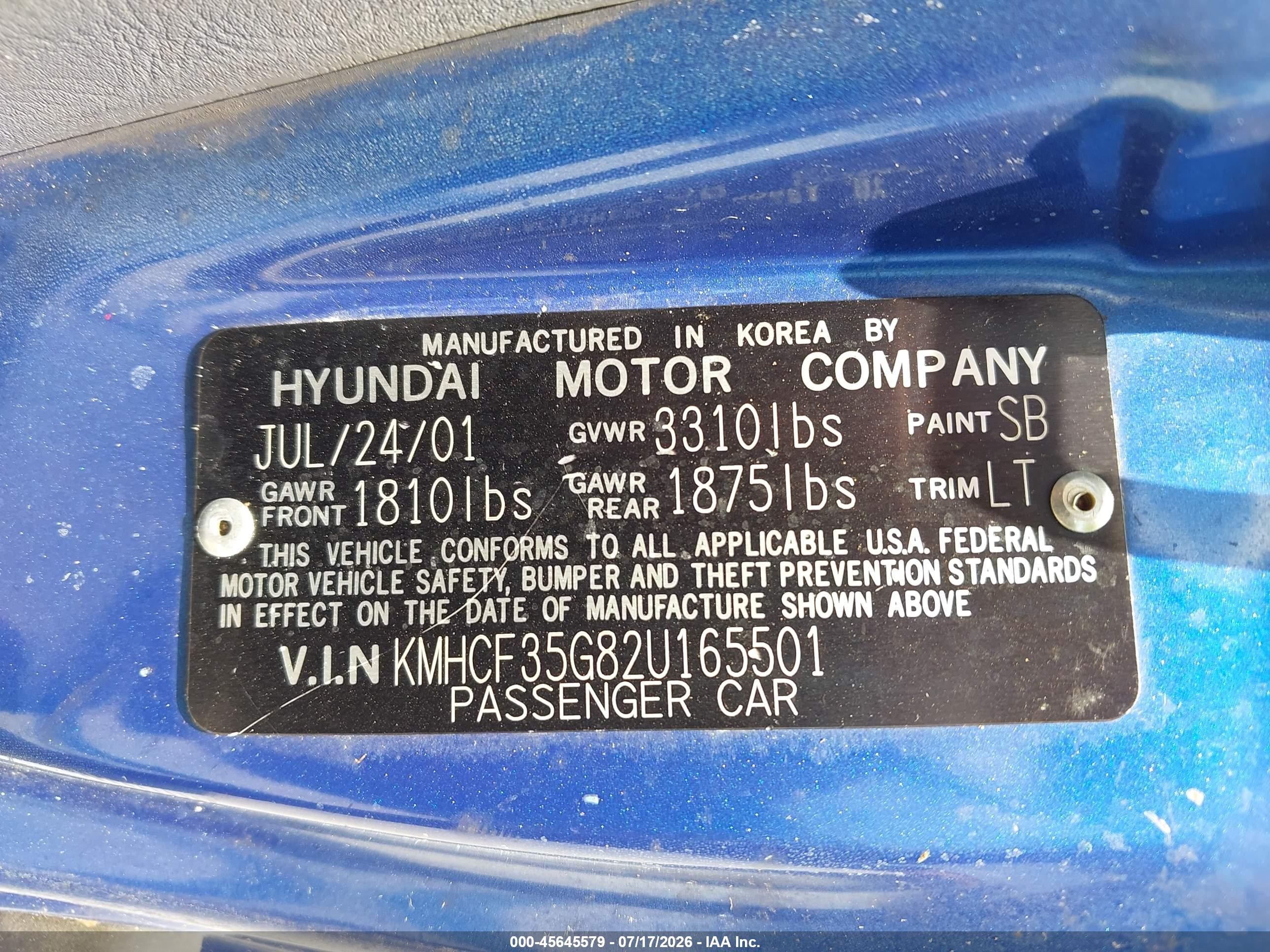2002 Hyundai Accent L Blue vin: KMHCF35G82U165501