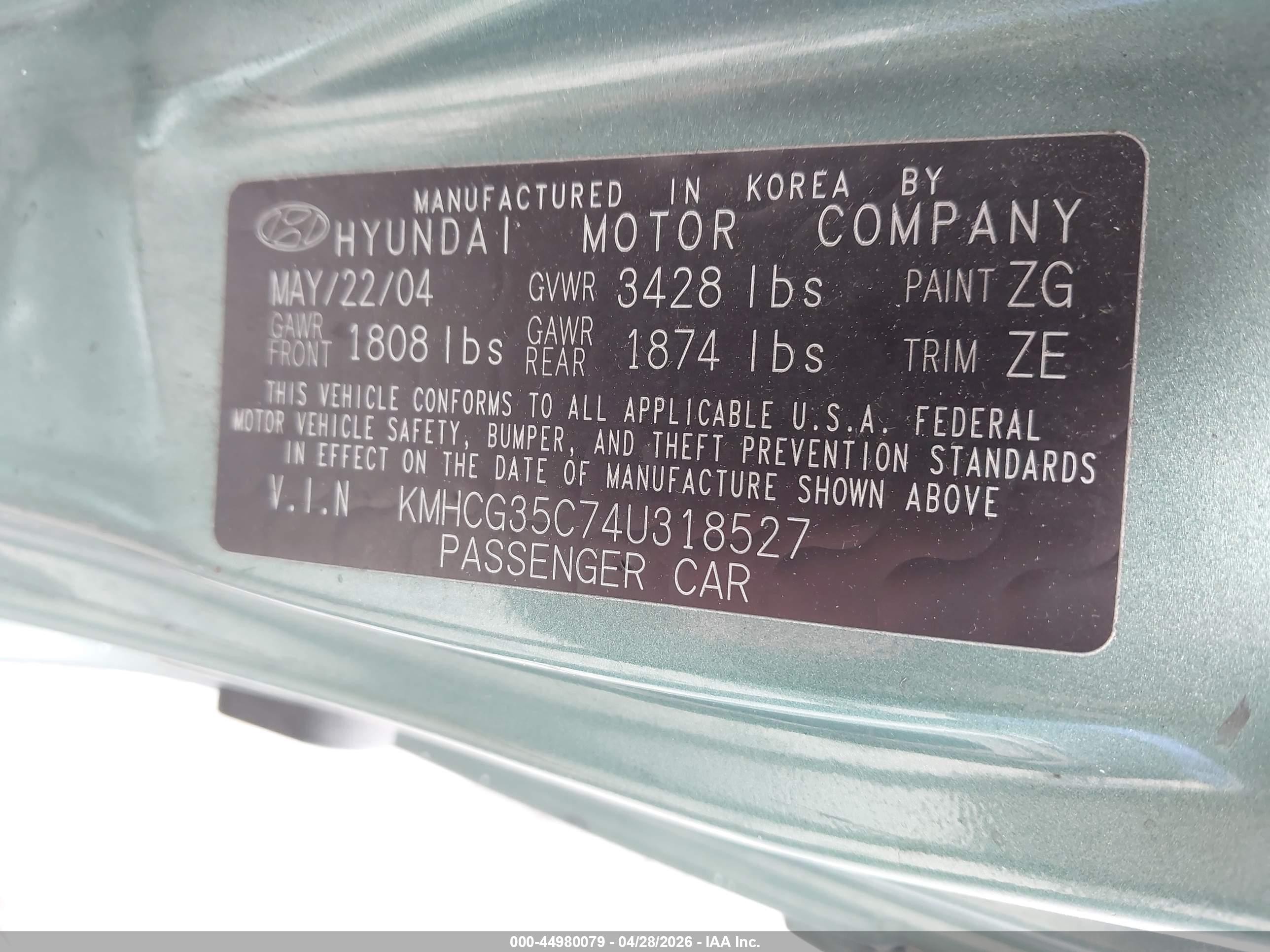 2004 Hyundai Accent Gl/gt Зеленый vin: KMHCG35C74U318527