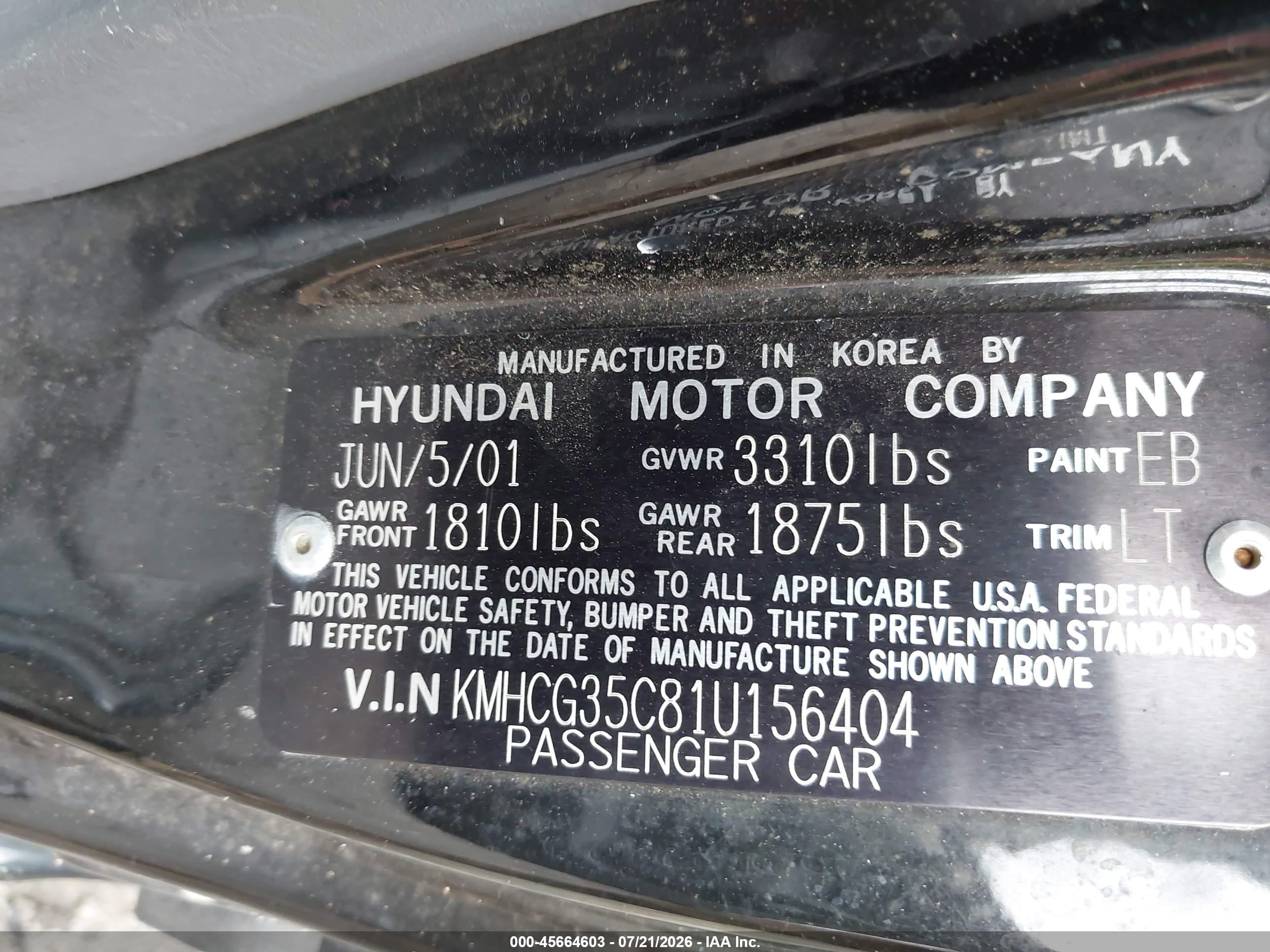 2001 Hyundai Accent Gs Black vin: KMHCG35C81U156404