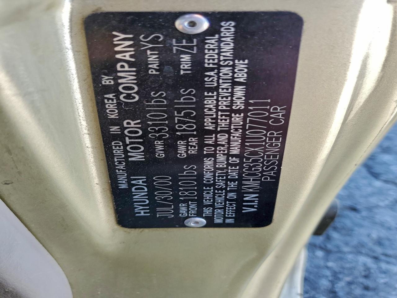 2001 Hyundai Accent Gs Gold vin: KMHCG35CX1U077011