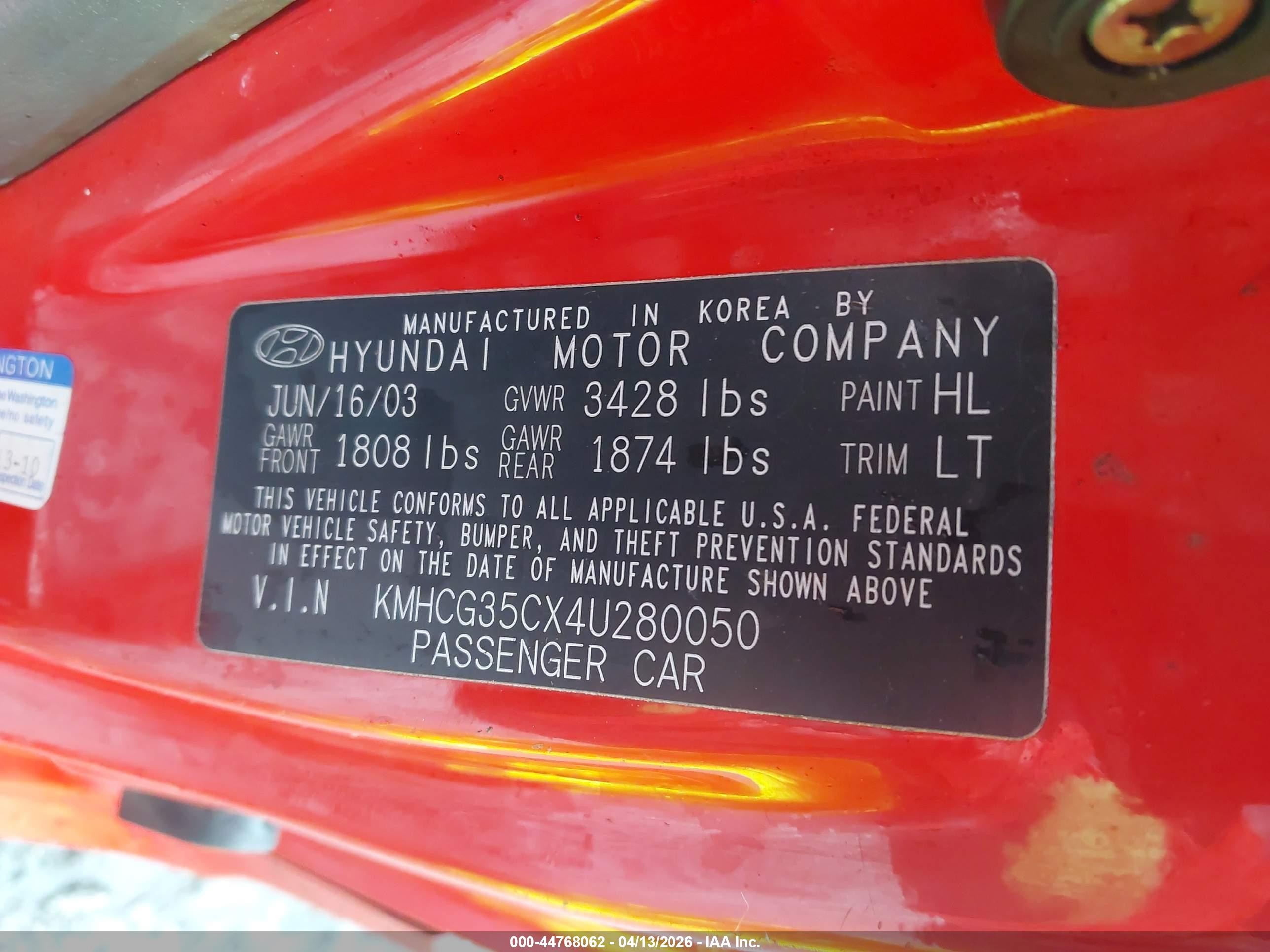 2004 Hyundai Accent Gl/gt Red vin: KMHCG35CX4U280050
