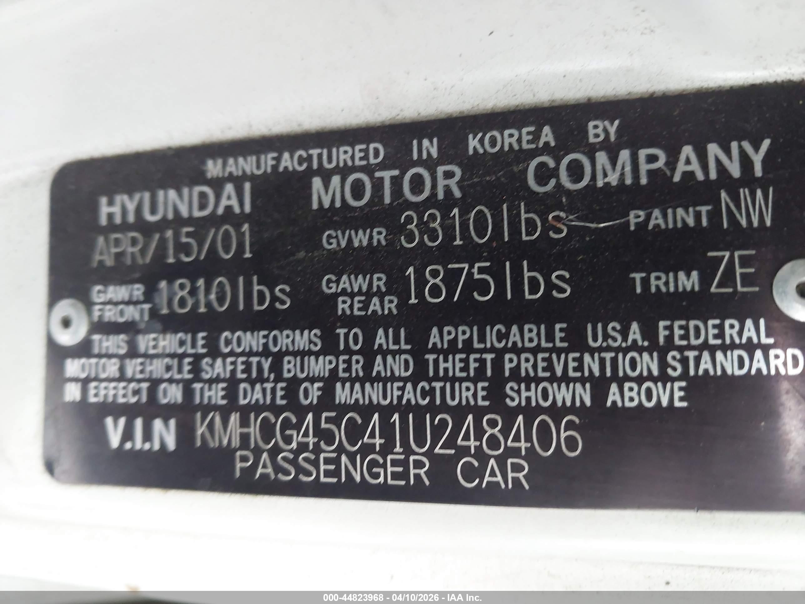 2001 Hyundai Accent Gl White vin: KMHCG45C41U248406